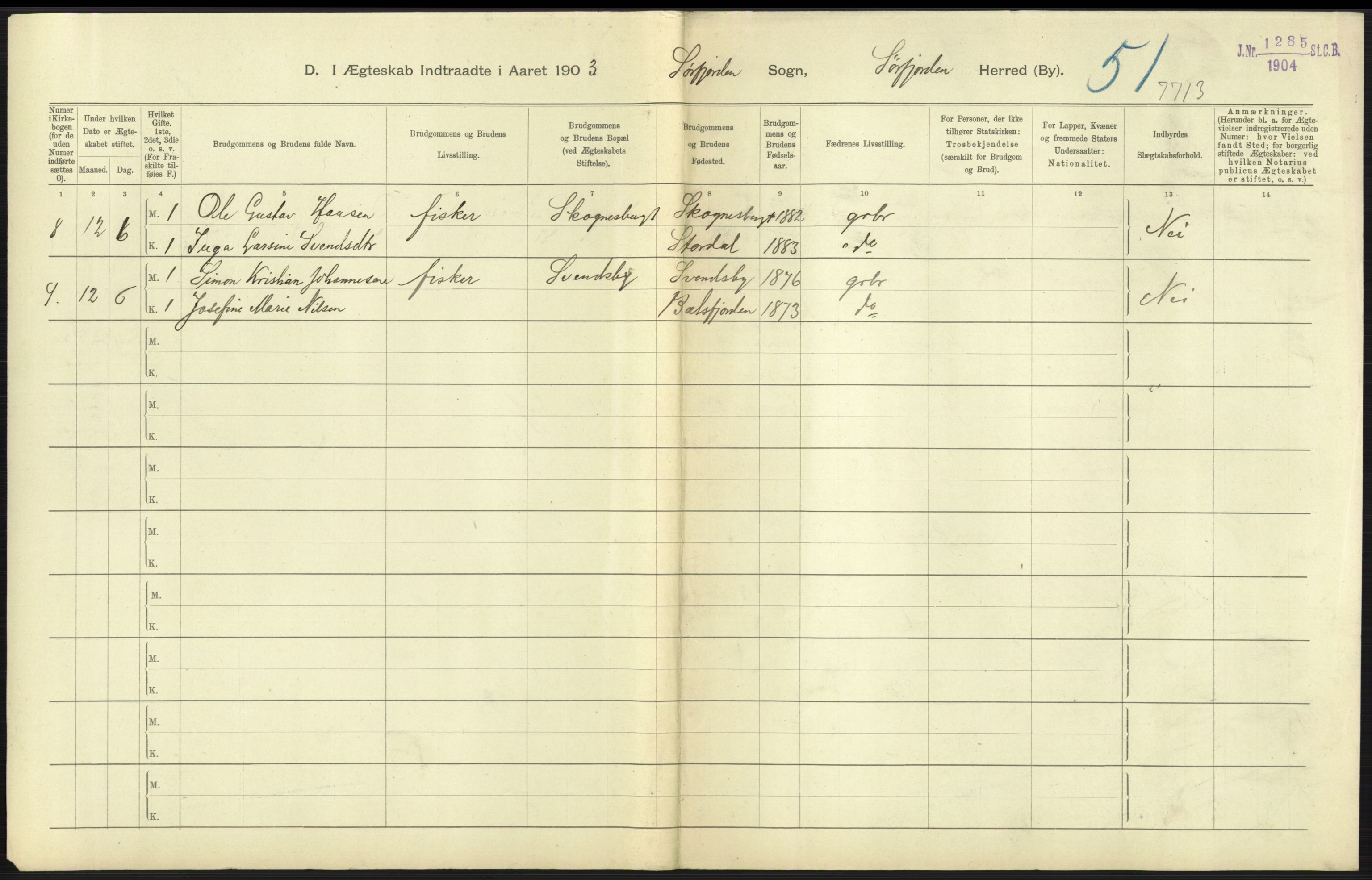 Statistisk sentralbyrå, Sosiodemografiske emner, Befolkning, AV/RA-S-2228/D/Df/Dfa/Dfaa/L0021: Tromsø amt: Fødte, gifte, døde., 1903, p. 311