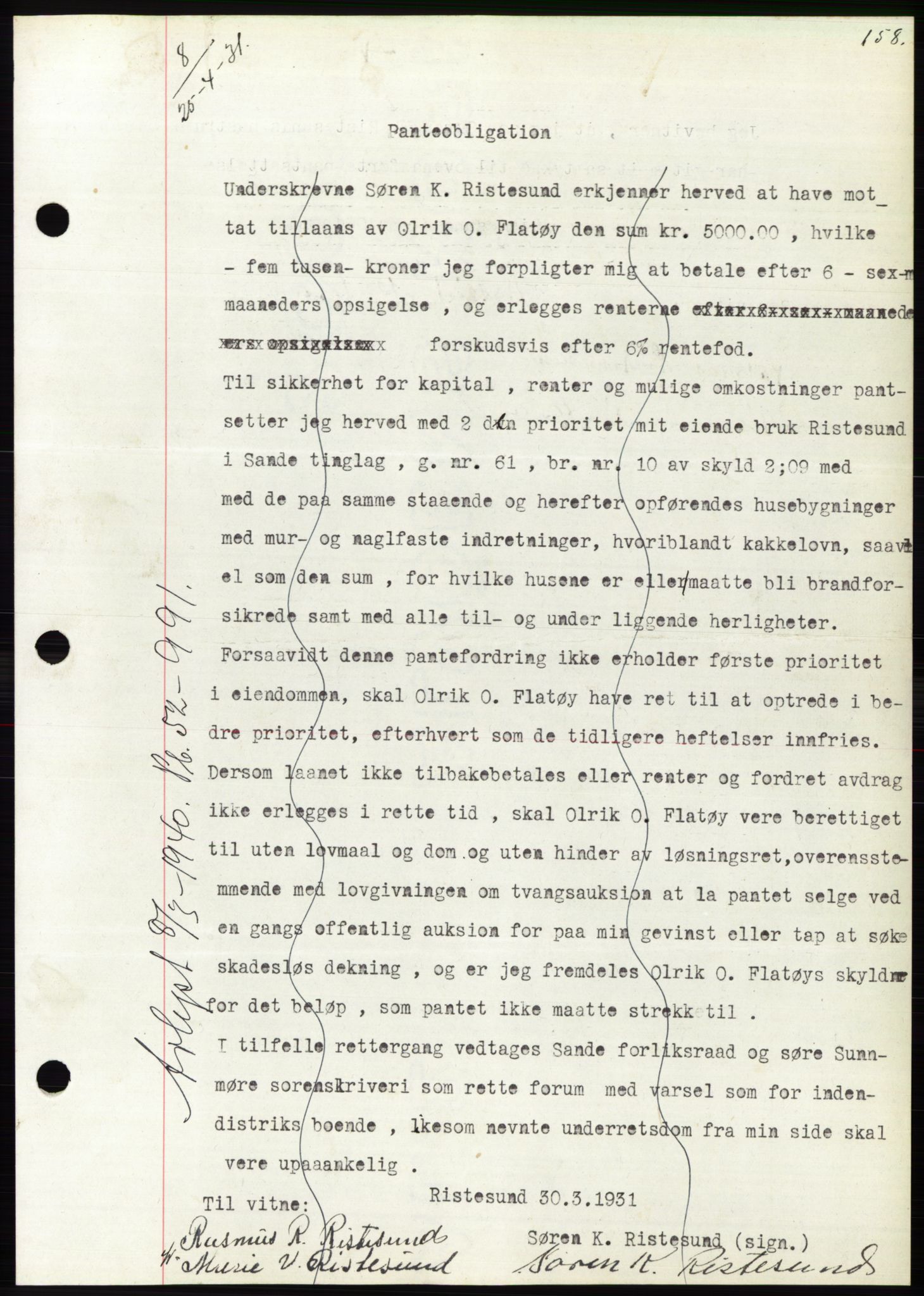 Søre Sunnmøre sorenskriveri, AV/SAT-A-4122/1/2/2C/L0052: Mortgage book no. 46, 1931-1931, Deed date: 25.04.1931