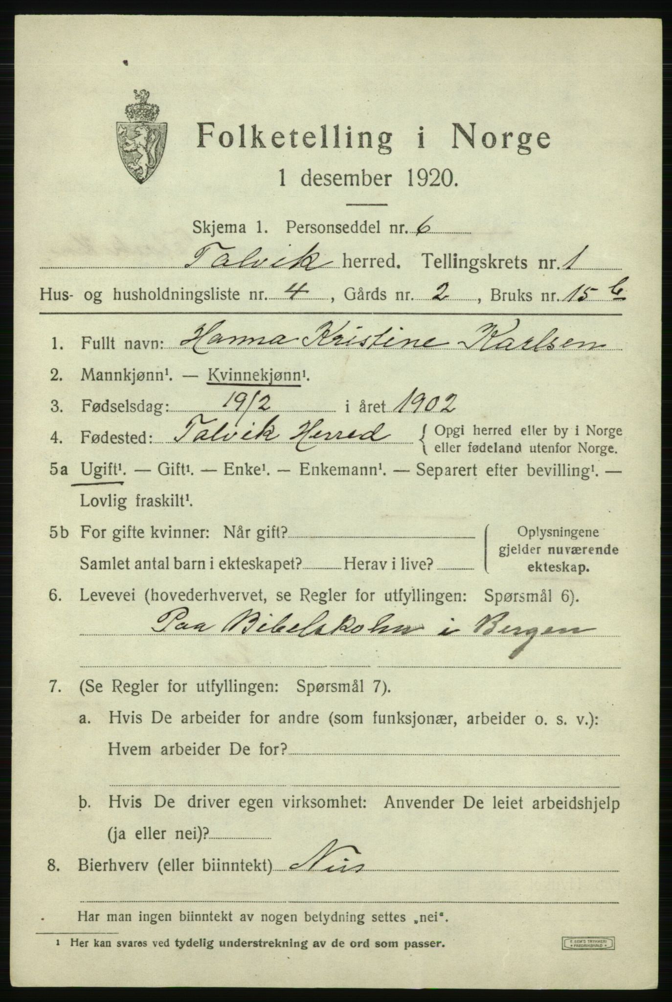 SATØ, 1920 census for Talvik, 1920, p. 1052