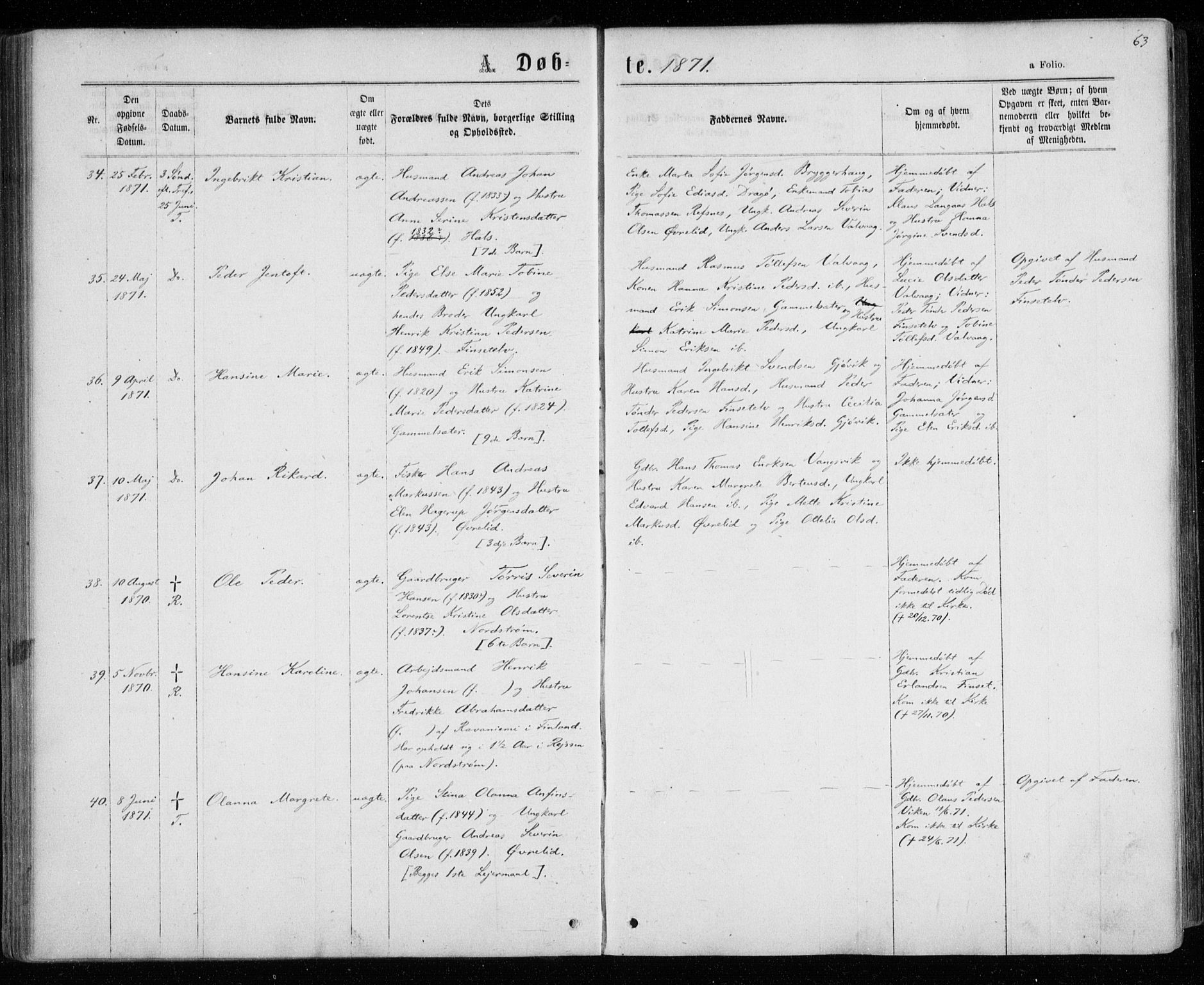 Tranøy sokneprestkontor, AV/SATØ-S-1313/I/Ia/Iaa/L0008kirke: Parish register (official) no. 8, 1867-1877, p. 63