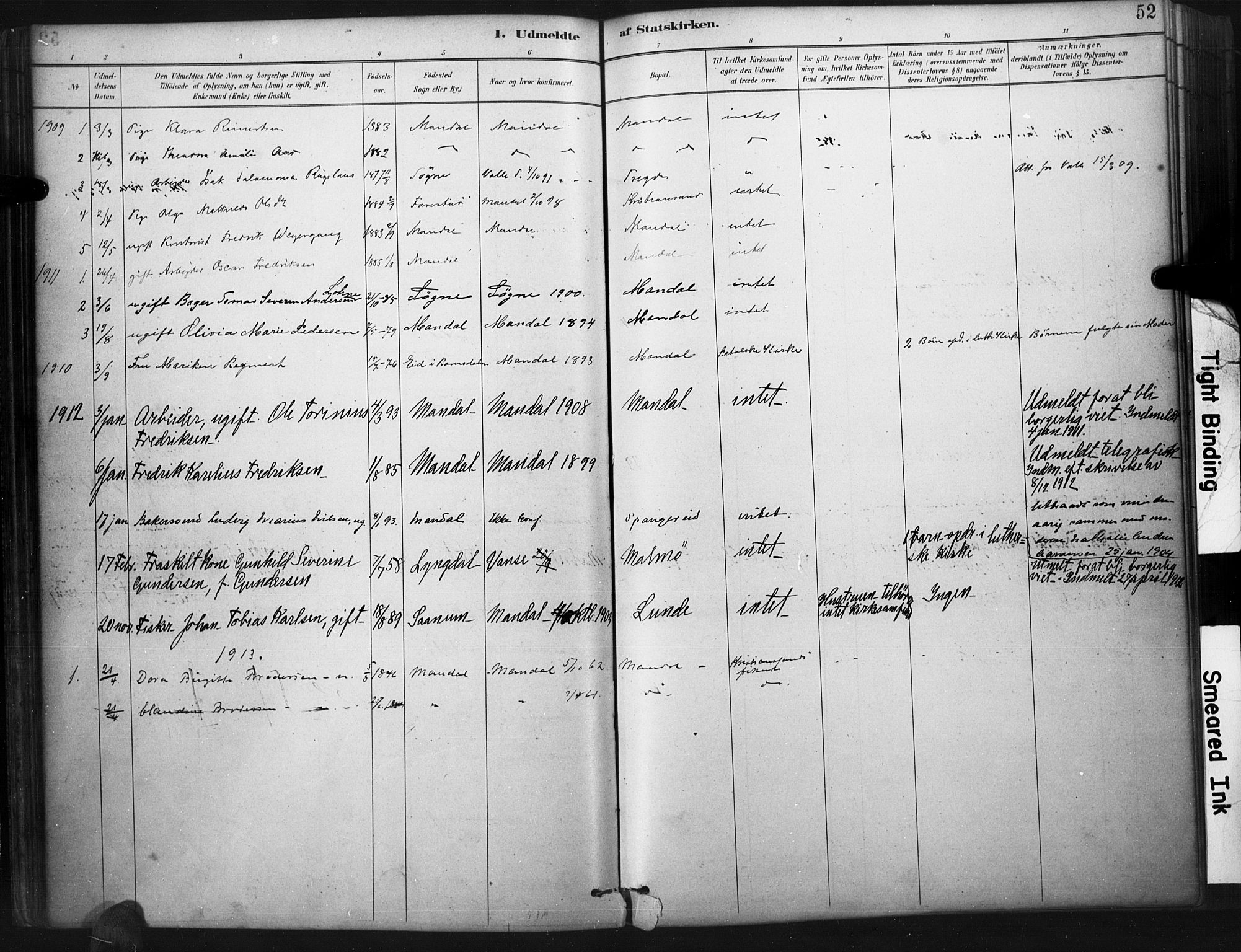 Mandal sokneprestkontor, SAK/1111-0030/F/Fa/Faa/L0017: Parish register (official) no. A 17, 1880-1926, p. 52
