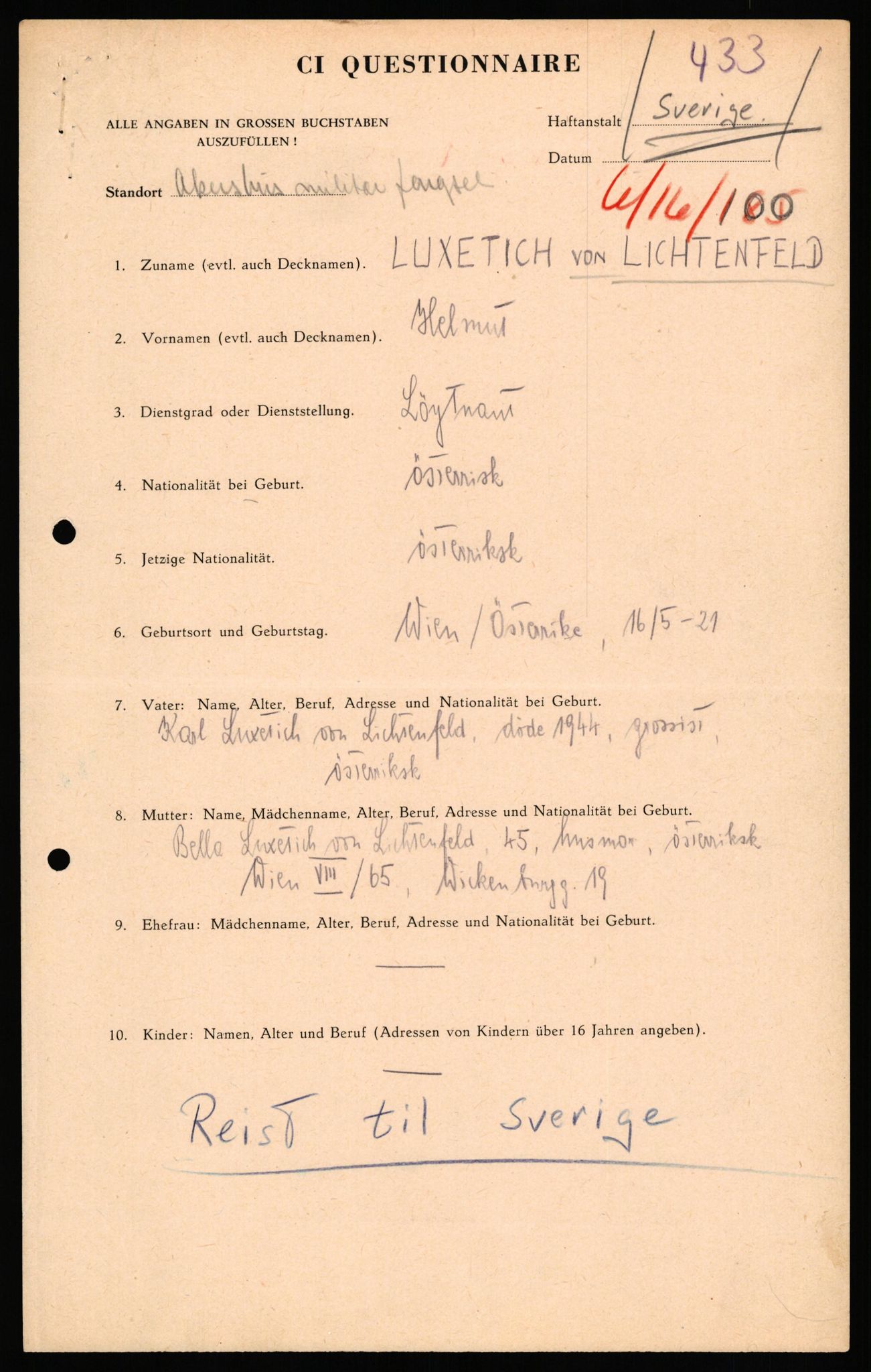 Forsvaret, Forsvarets overkommando II, AV/RA-RAFA-3915/D/Db/L0039: CI Questionaires. Tyske okkupasjonsstyrker i Norge. Østerrikere., 1945-1946, p. 295