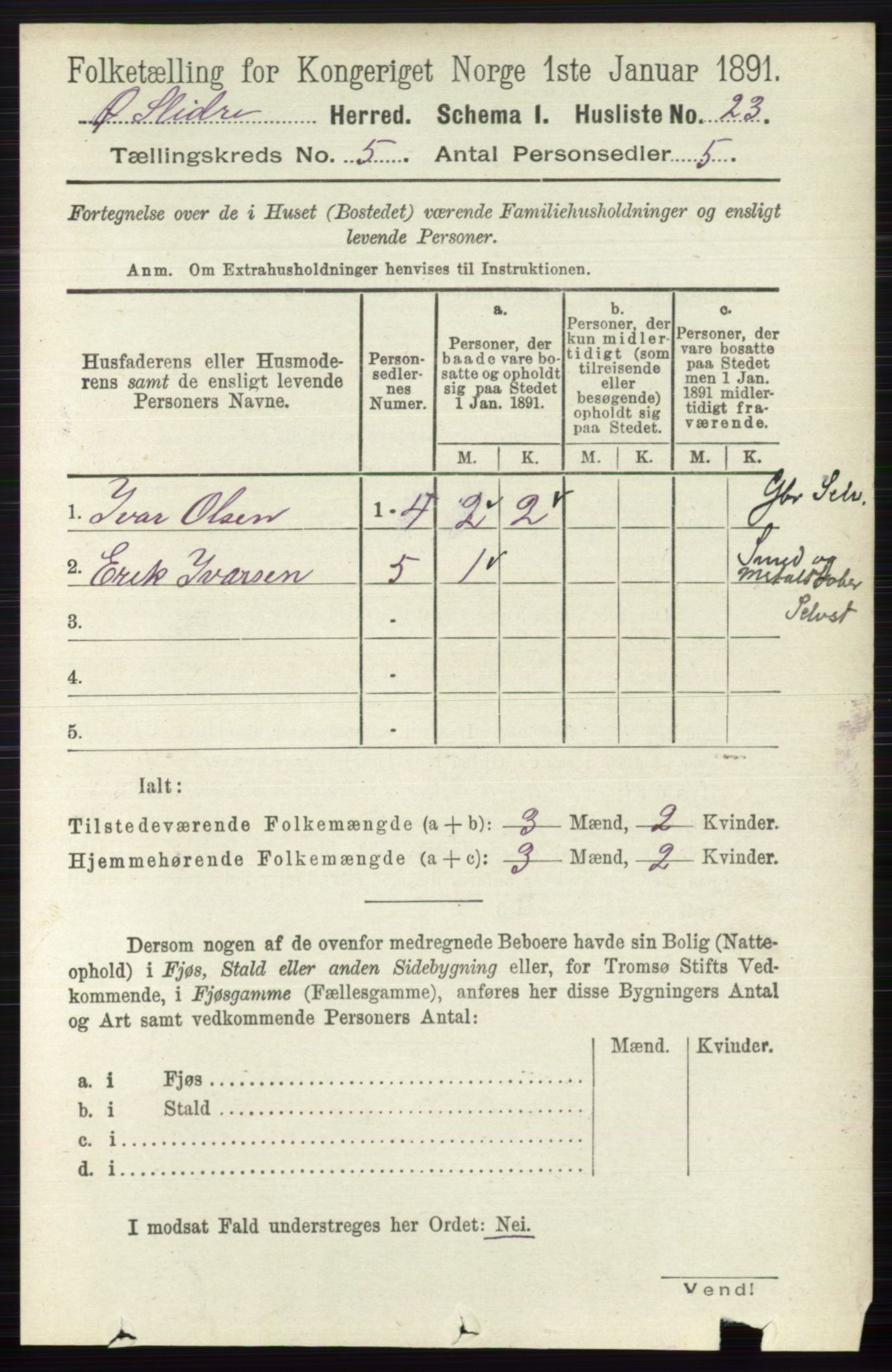 RA, 1891 census for 0544 Øystre Slidre, 1891, p. 1595