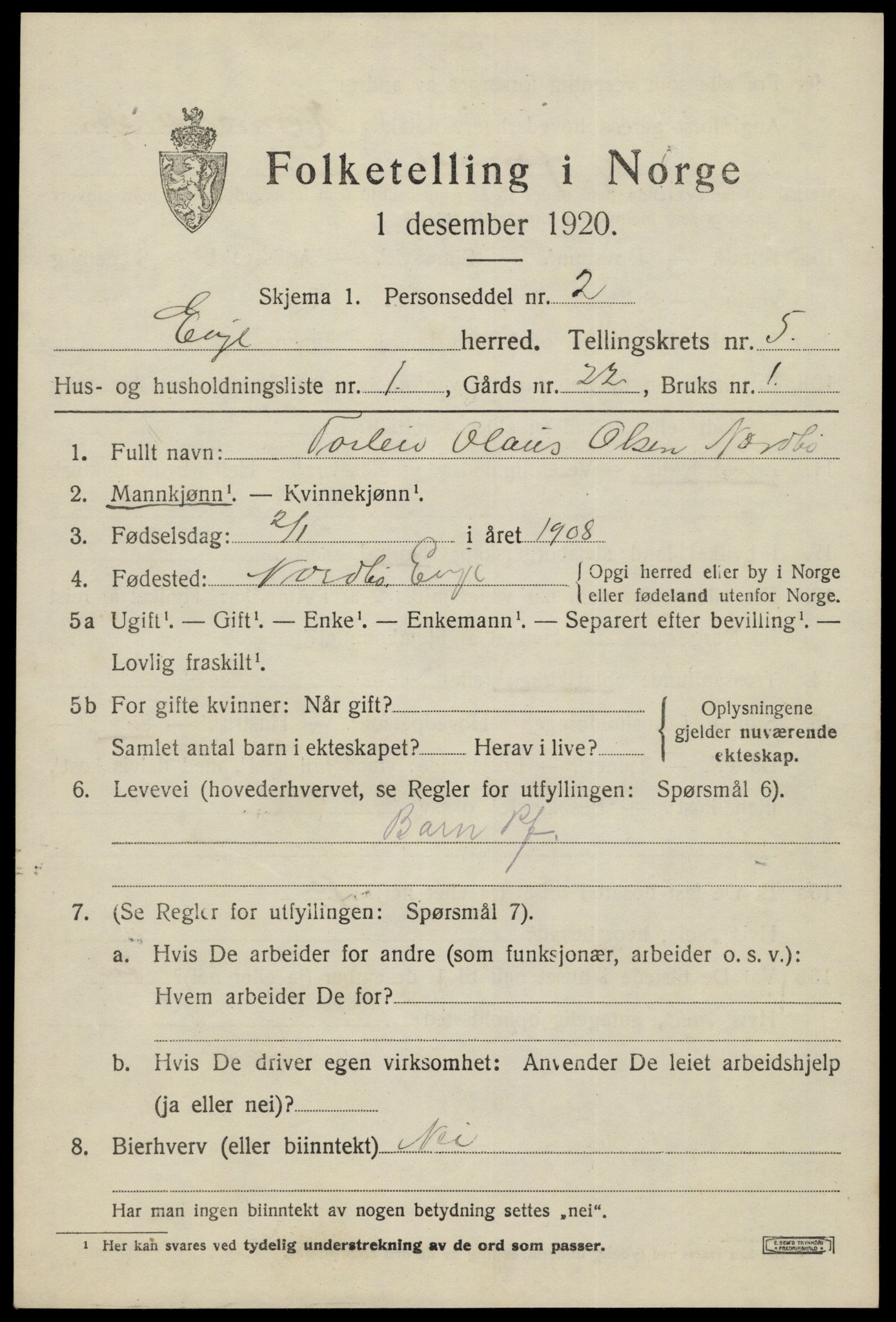 SAK, 1920 census for Evje, 1920, p. 1572