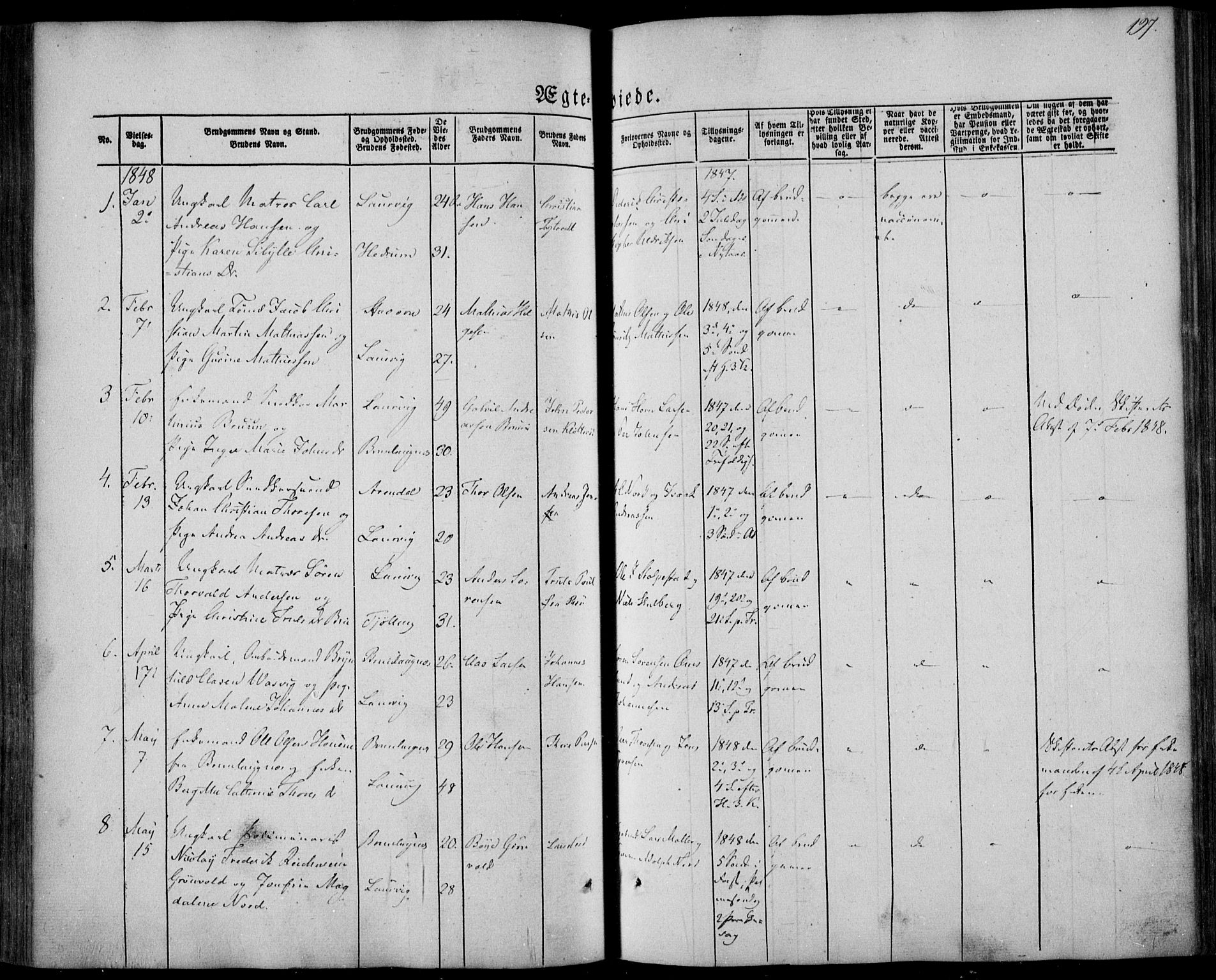 Larvik kirkebøker, SAKO/A-352/F/Fa/L0003: Parish register (official) no. I 3, 1848-1856, p. 197