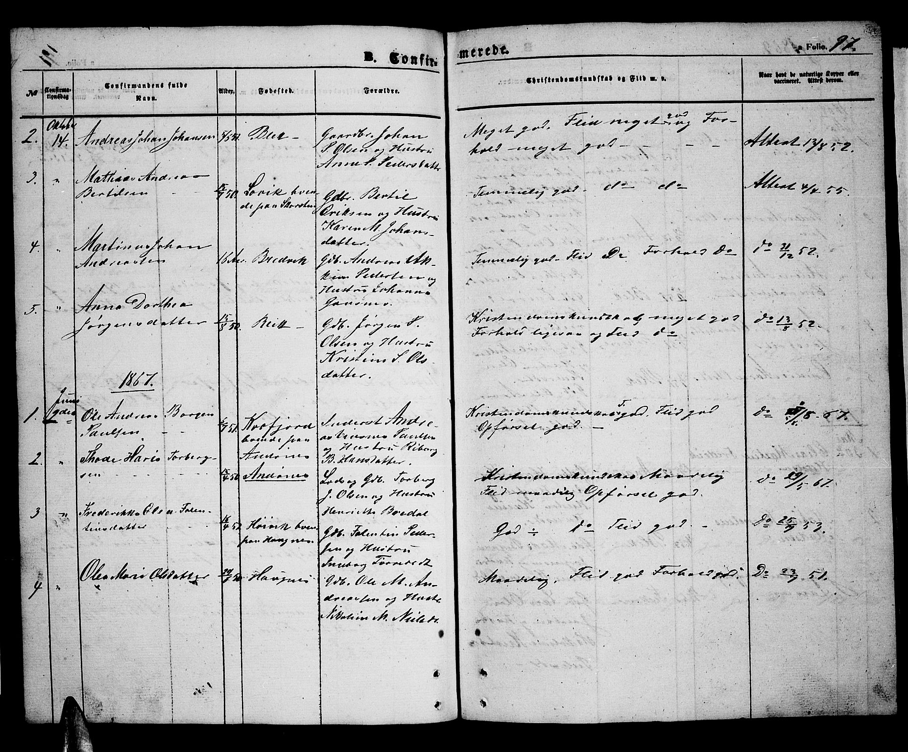 Ministerialprotokoller, klokkerbøker og fødselsregistre - Nordland, AV/SAT-A-1459/899/L1447: Parish register (copy) no. 899C02, 1855-1886, p. 97