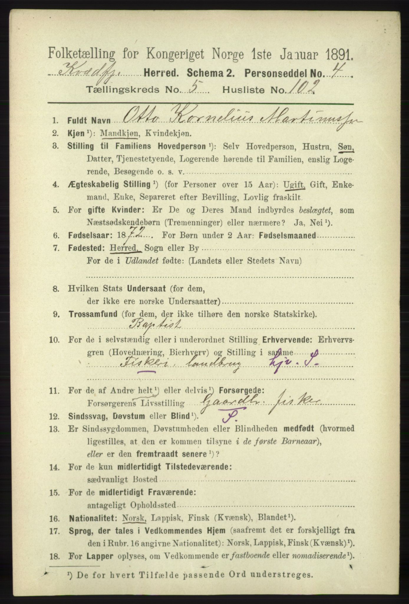 RA, 1891 census for 1911 Kvæfjord, 1891, p. 3486