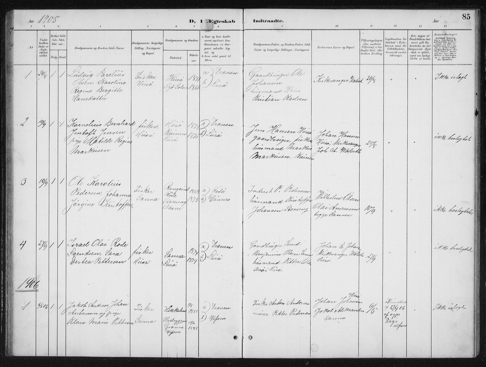 Ministerialprotokoller, klokkerbøker og fødselsregistre - Nordland, SAT/A-1459/840/L0583: Parish register (copy) no. 840C03, 1901-1933, p. 85
