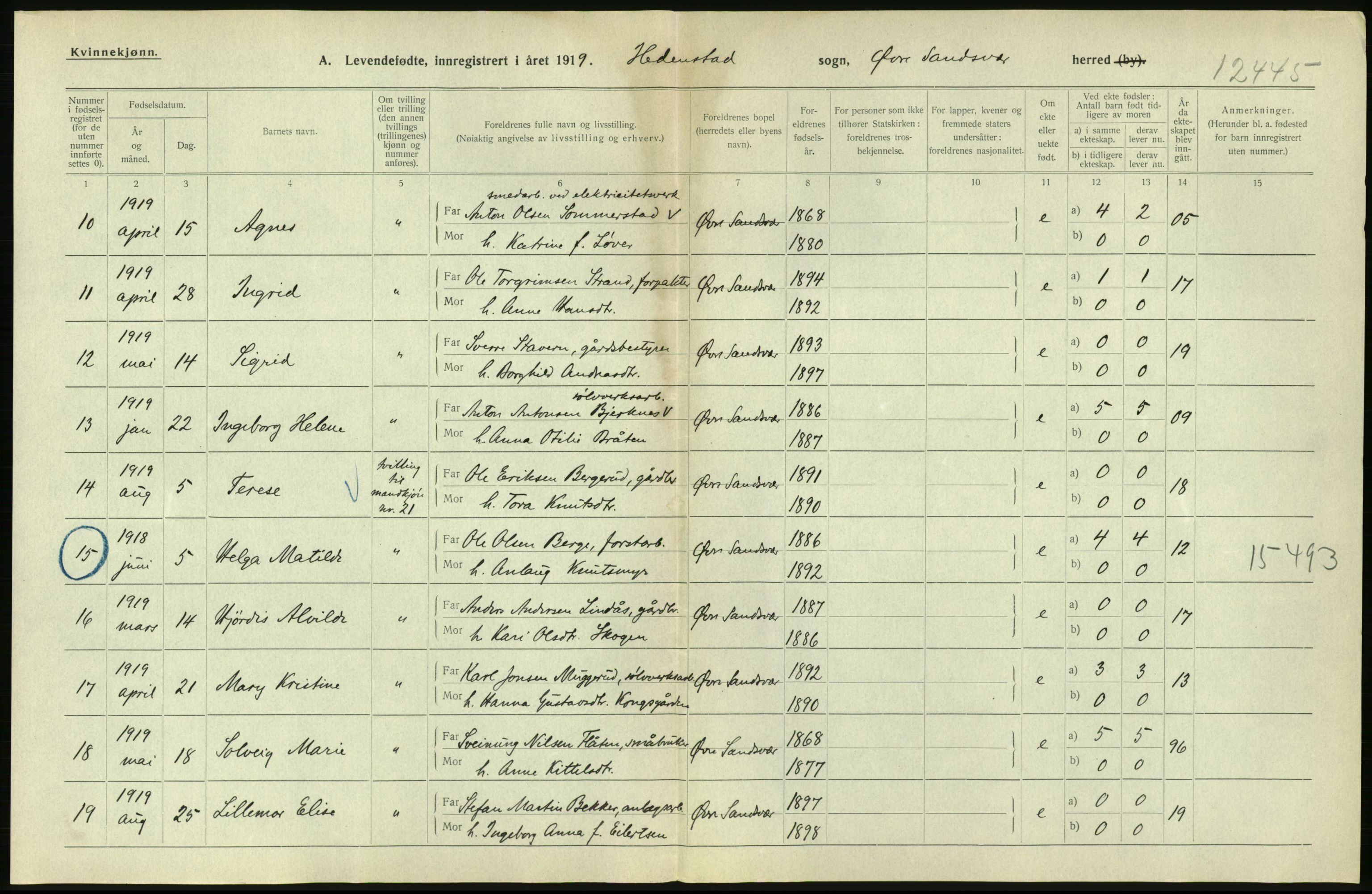 Statistisk sentralbyrå, Sosiodemografiske emner, Befolkning, RA/S-2228/D/Df/Dfb/Dfbi/L0016: Buskerud fylke: Levendefødte menn og kvinner. Bygder., 1919, p. 38