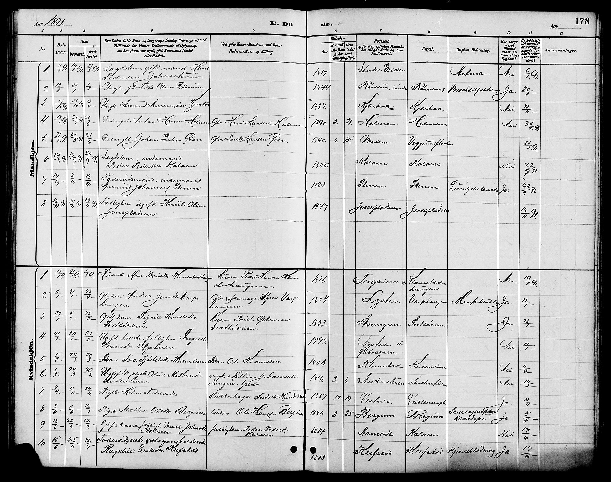 Nord-Fron prestekontor, SAH/PREST-080/H/Ha/Hab/L0006: Parish register (copy) no. 6, 1887-1914, p. 178