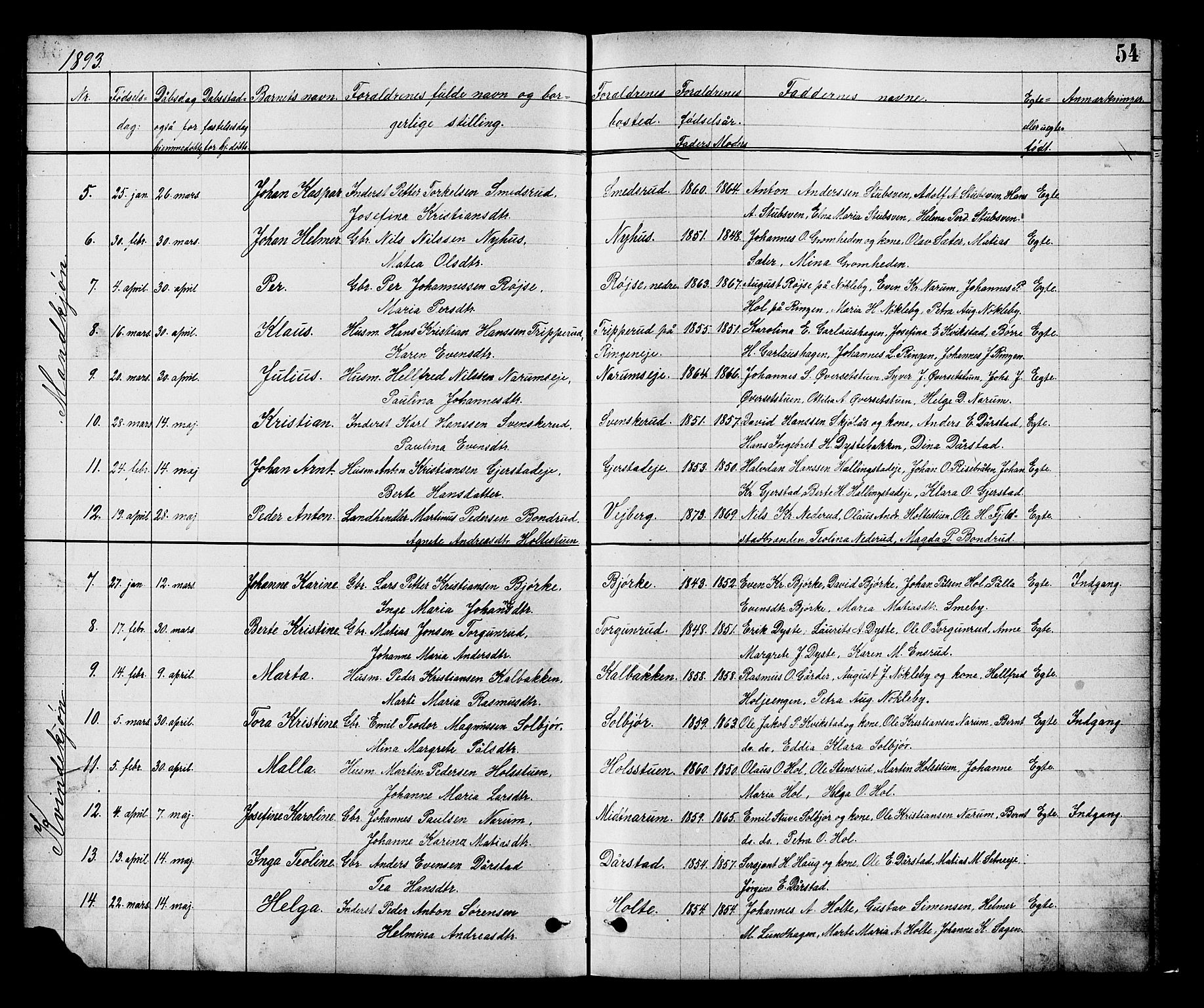 Vestre Toten prestekontor, SAH/PREST-108/H/Ha/Hab/L0008: Parish register (copy) no. 8, 1885-1900, p. 54