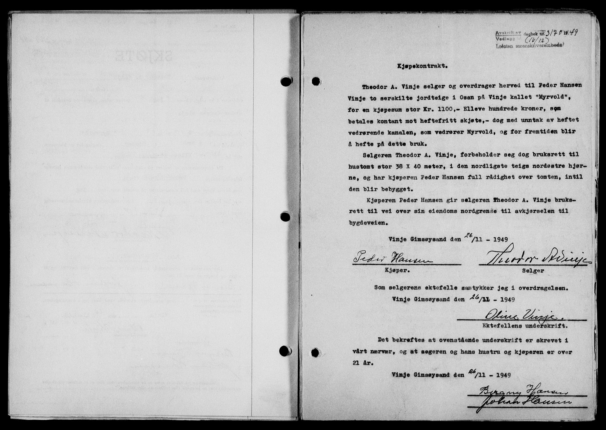 Lofoten sorenskriveri, SAT/A-0017/1/2/2C/L0022a: Mortgage book no. 22a, 1949-1950, Diary no: : 3170/1949