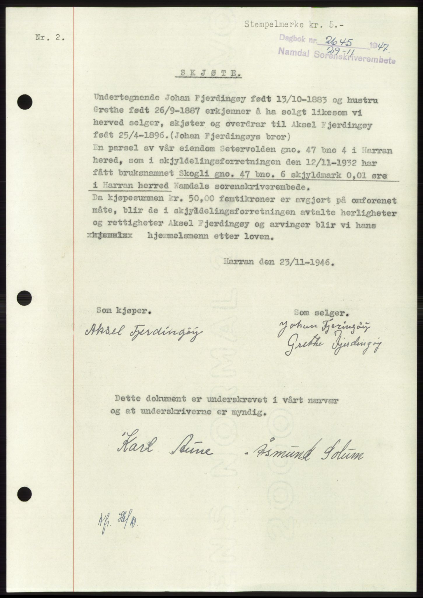 Namdal sorenskriveri, SAT/A-4133/1/2/2C: Mortgage book no. -, 1947-1948, Diary no: : 2645/1947