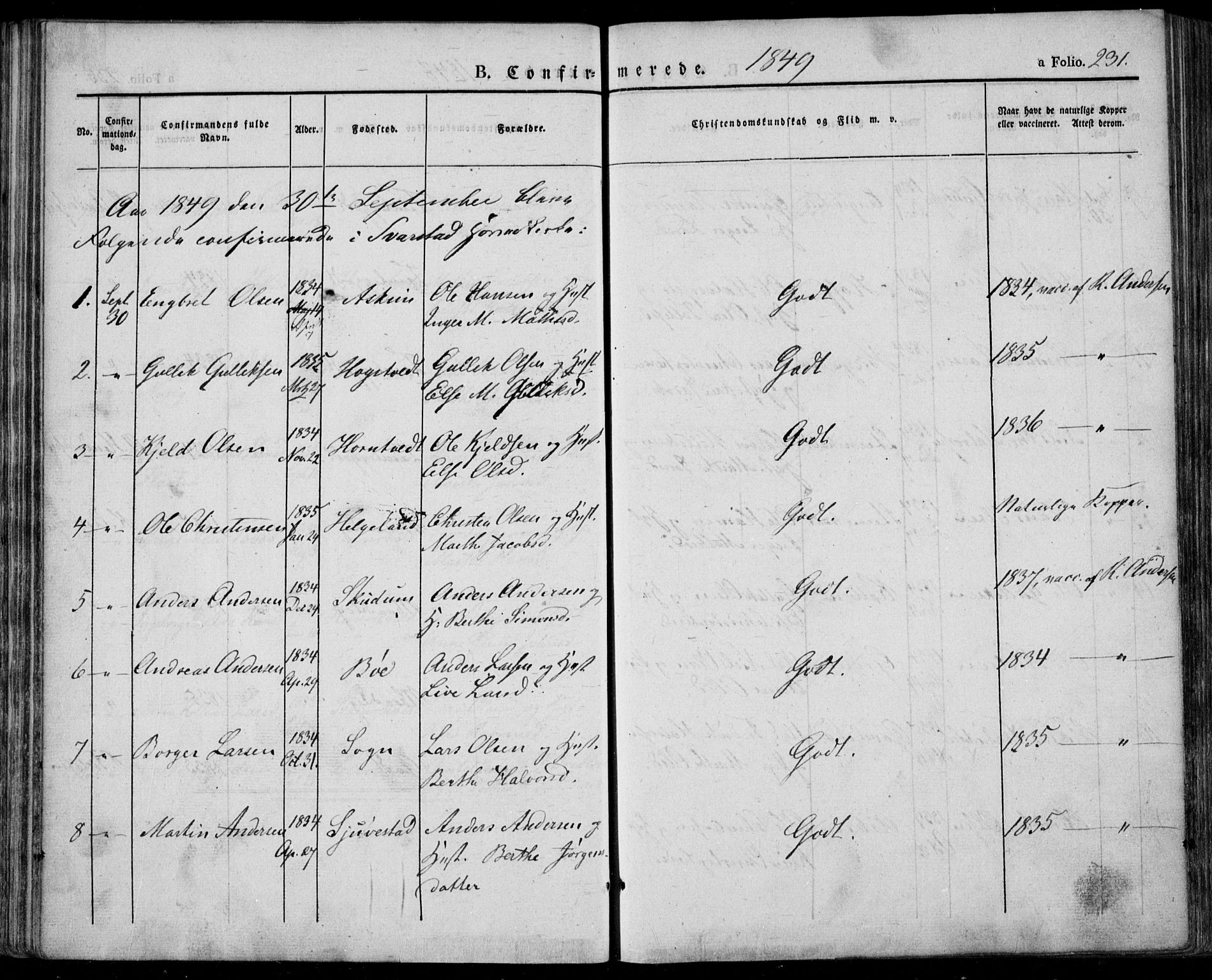 Lardal kirkebøker, AV/SAKO-A-350/F/Fa/L0006: Parish register (official) no. I 6, 1835-1860, p. 231