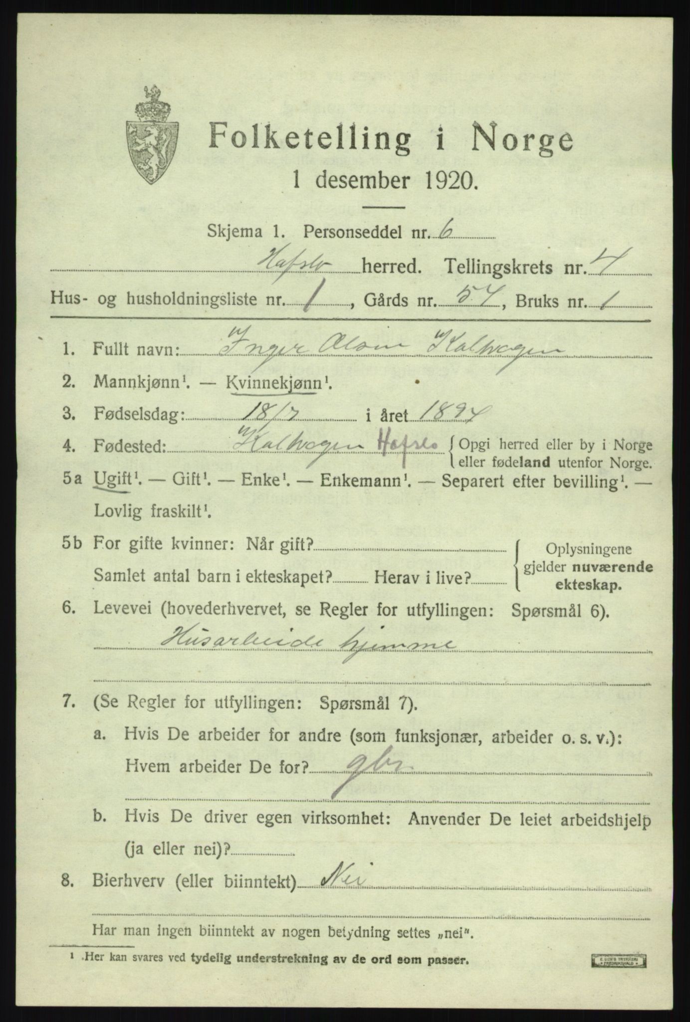 SAB, 1920 census for Hafslo, 1920, p. 2636