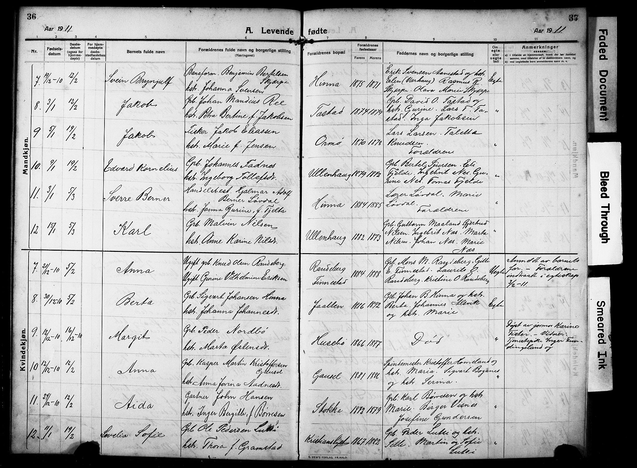 Hetland sokneprestkontor, AV/SAST-A-101826/30/30BB/L0008: Parish register (copy) no. B 8, 1910-1921, p. 36-37