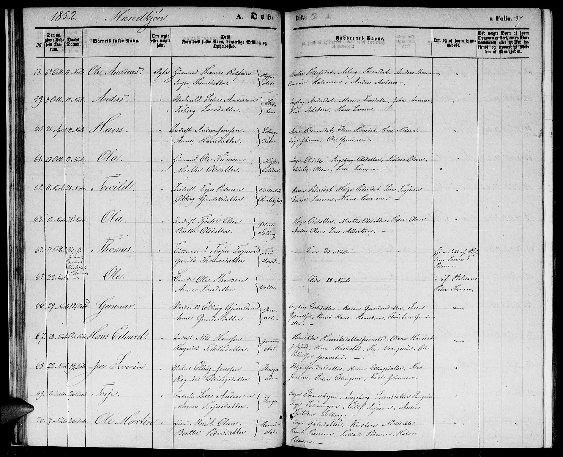 Holt sokneprestkontor, AV/SAK-1111-0021/F/Fb/L0007: Parish register (copy) no. B 7, 1849-1858, p. 37