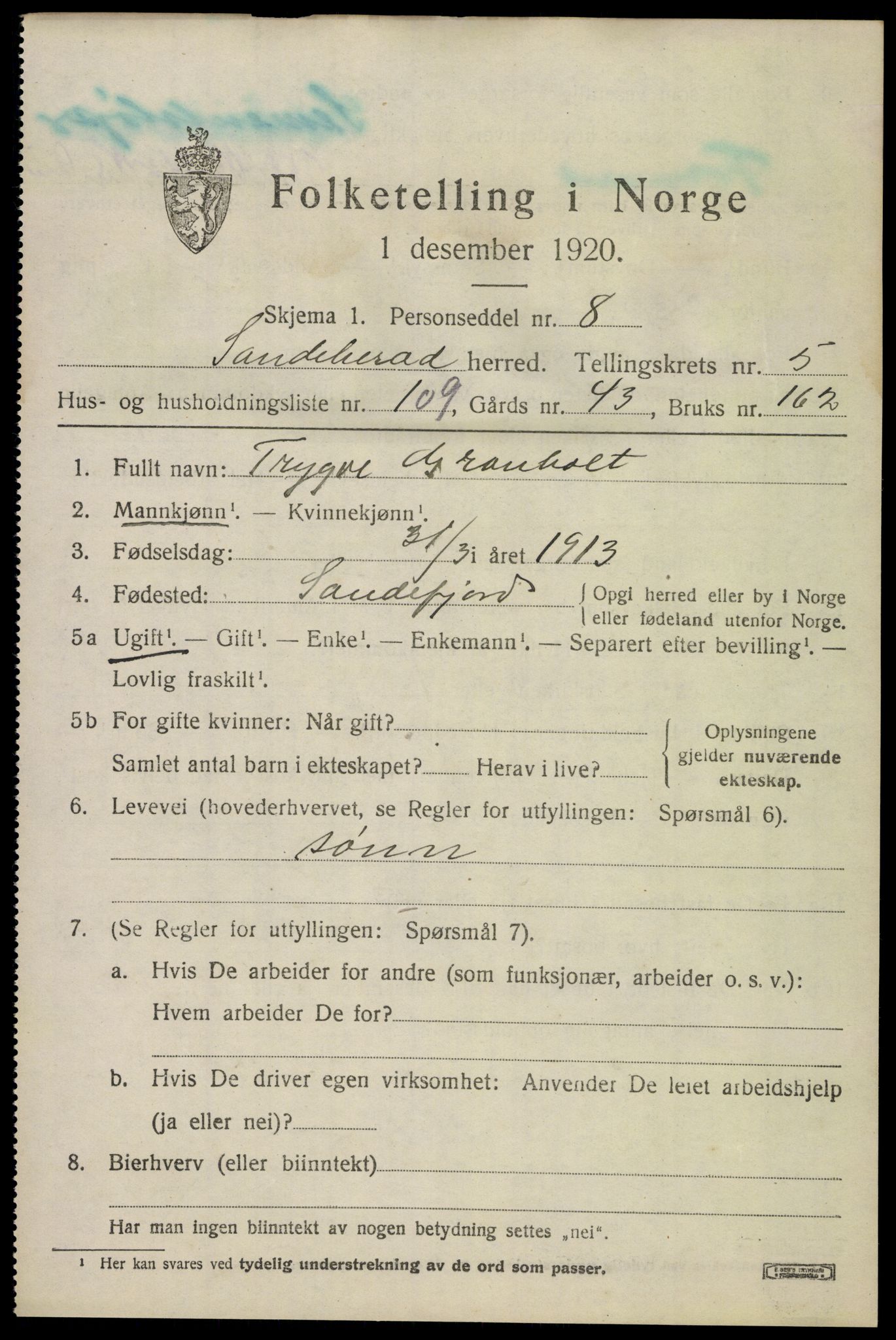 SAKO, 1920 census for Sandeherred, 1920, p. 9534