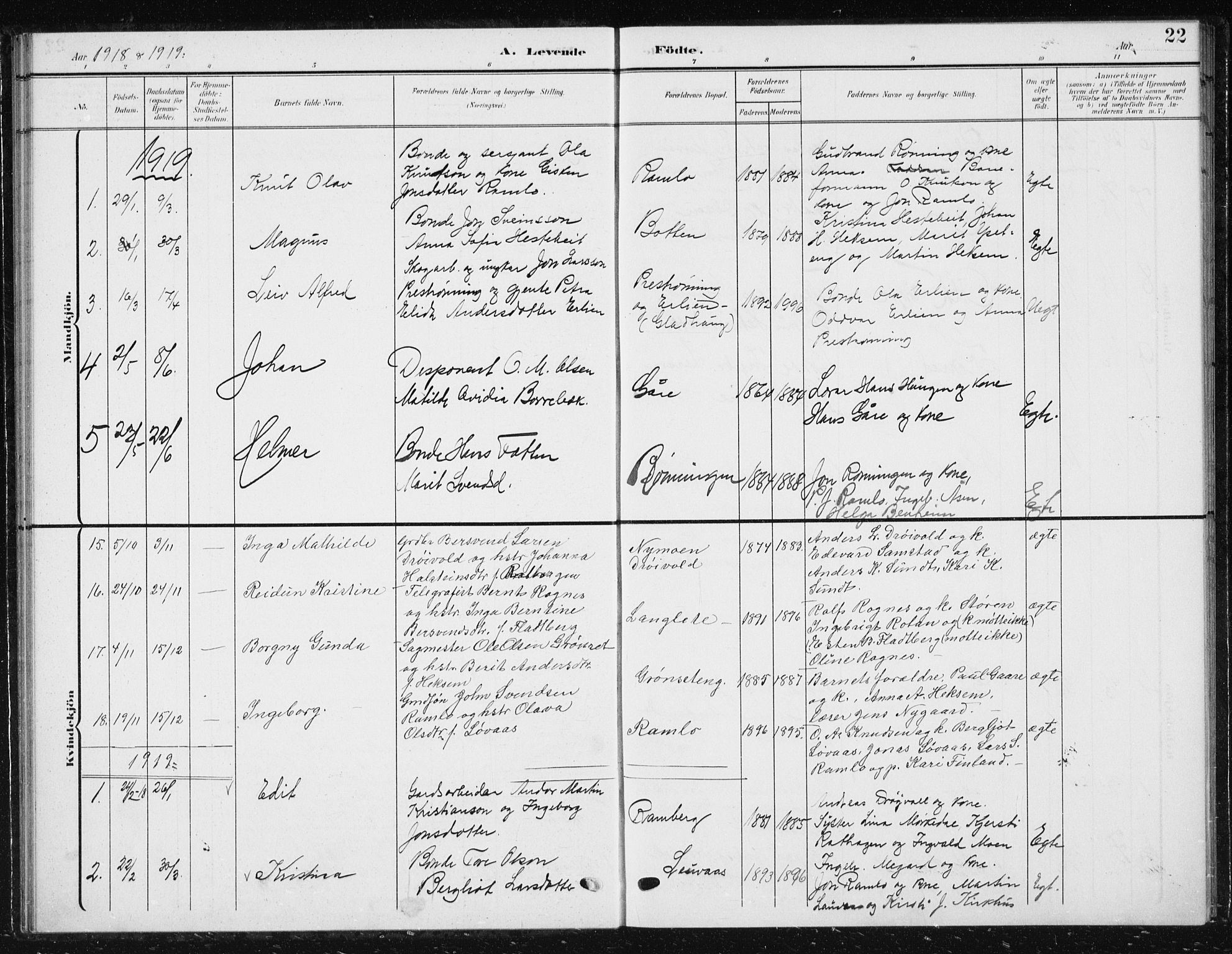 Ministerialprotokoller, klokkerbøker og fødselsregistre - Sør-Trøndelag, SAT/A-1456/685/L0979: Parish register (copy) no. 685C04, 1908-1933, p. 22