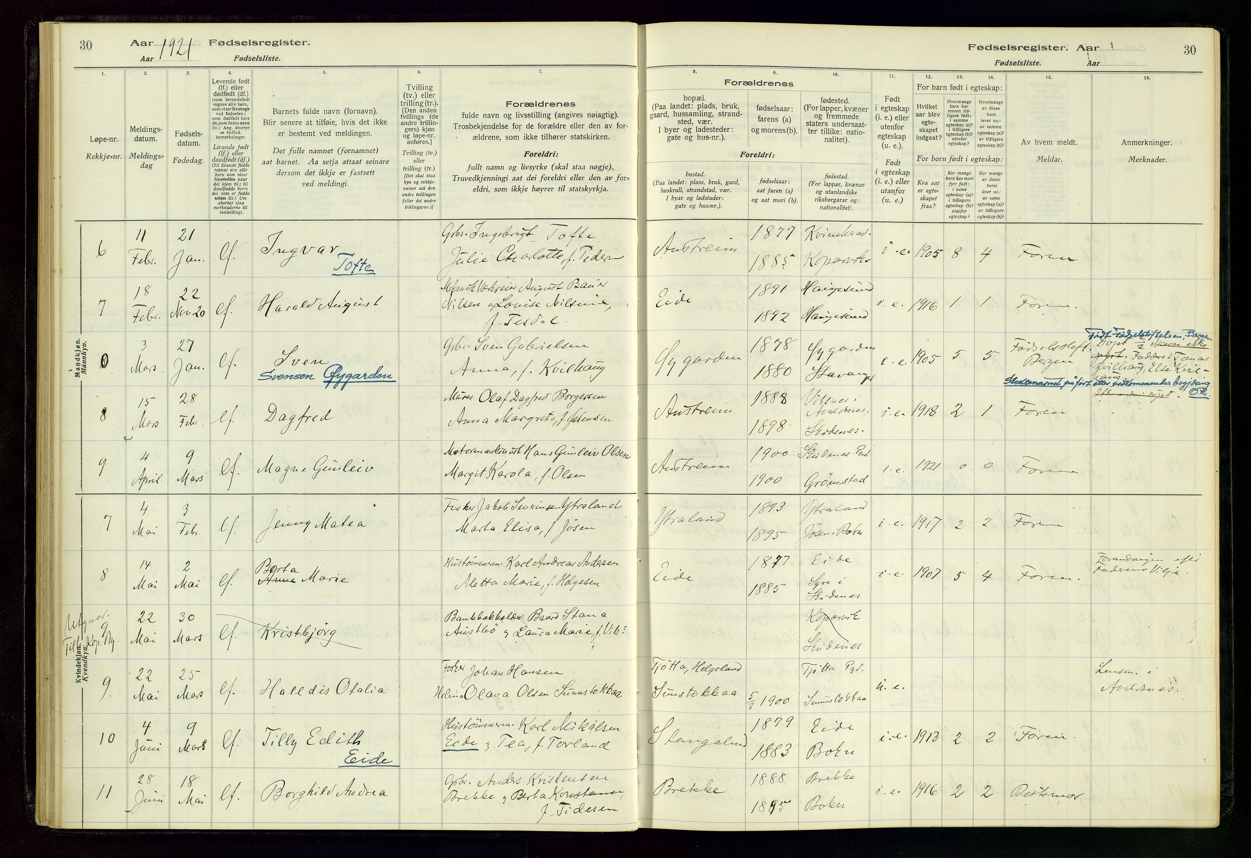 Kopervik sokneprestkontor, SAST/A-101850/I/Id/L0004: Birth register no. 4, 1916-1958, p. 30