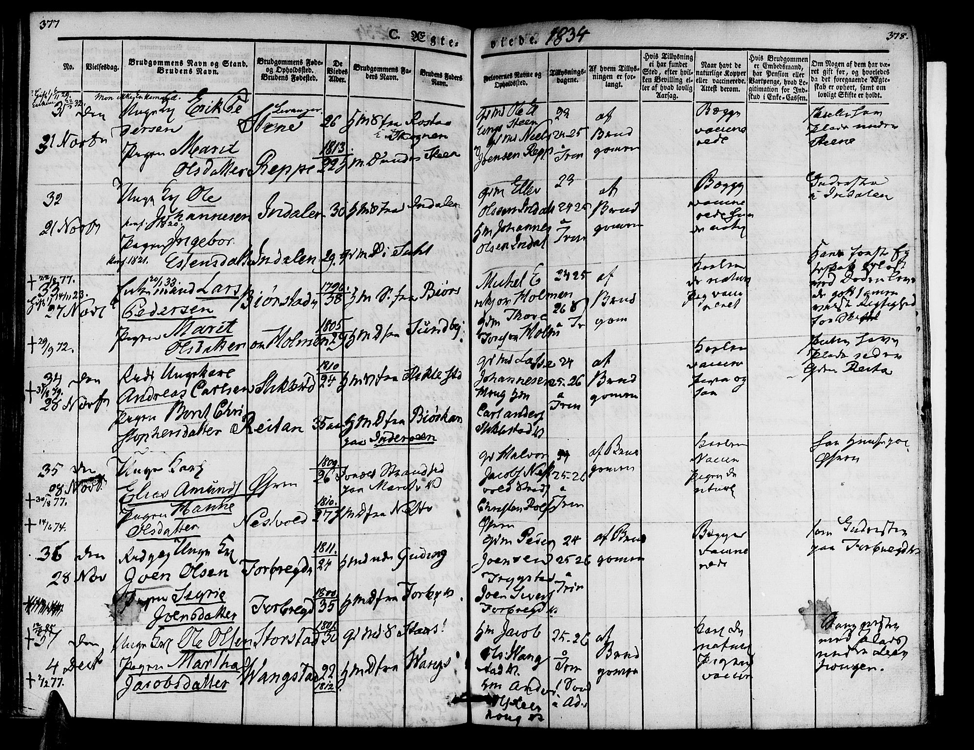 Ministerialprotokoller, klokkerbøker og fødselsregistre - Nord-Trøndelag, SAT/A-1458/723/L0238: Parish register (official) no. 723A07, 1831-1840, p. 377-378