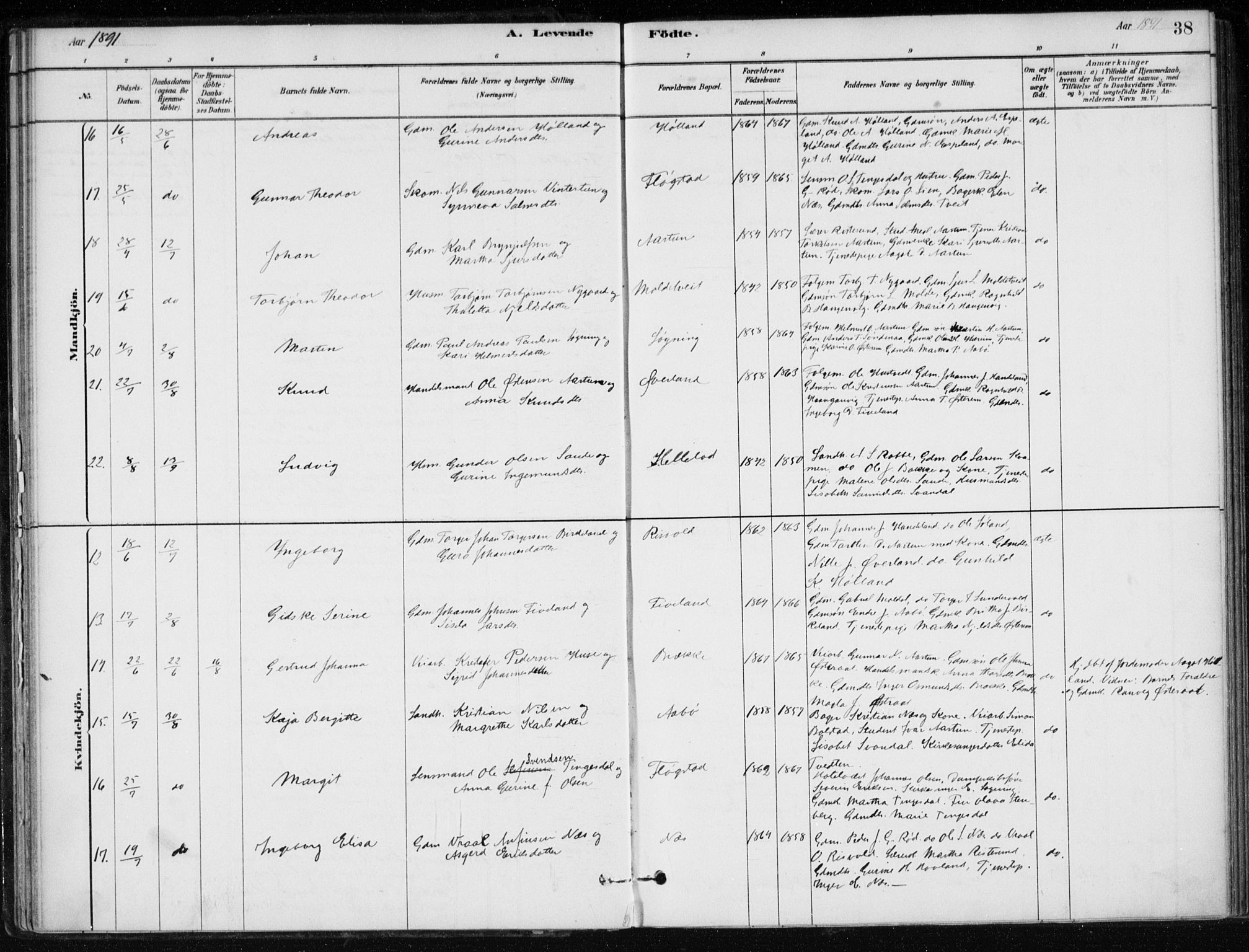 Sand sokneprestkontor, AV/SAST-A-101848/01/III/L0006: Parish register (official) no. A 6, 1880-1898, p. 38