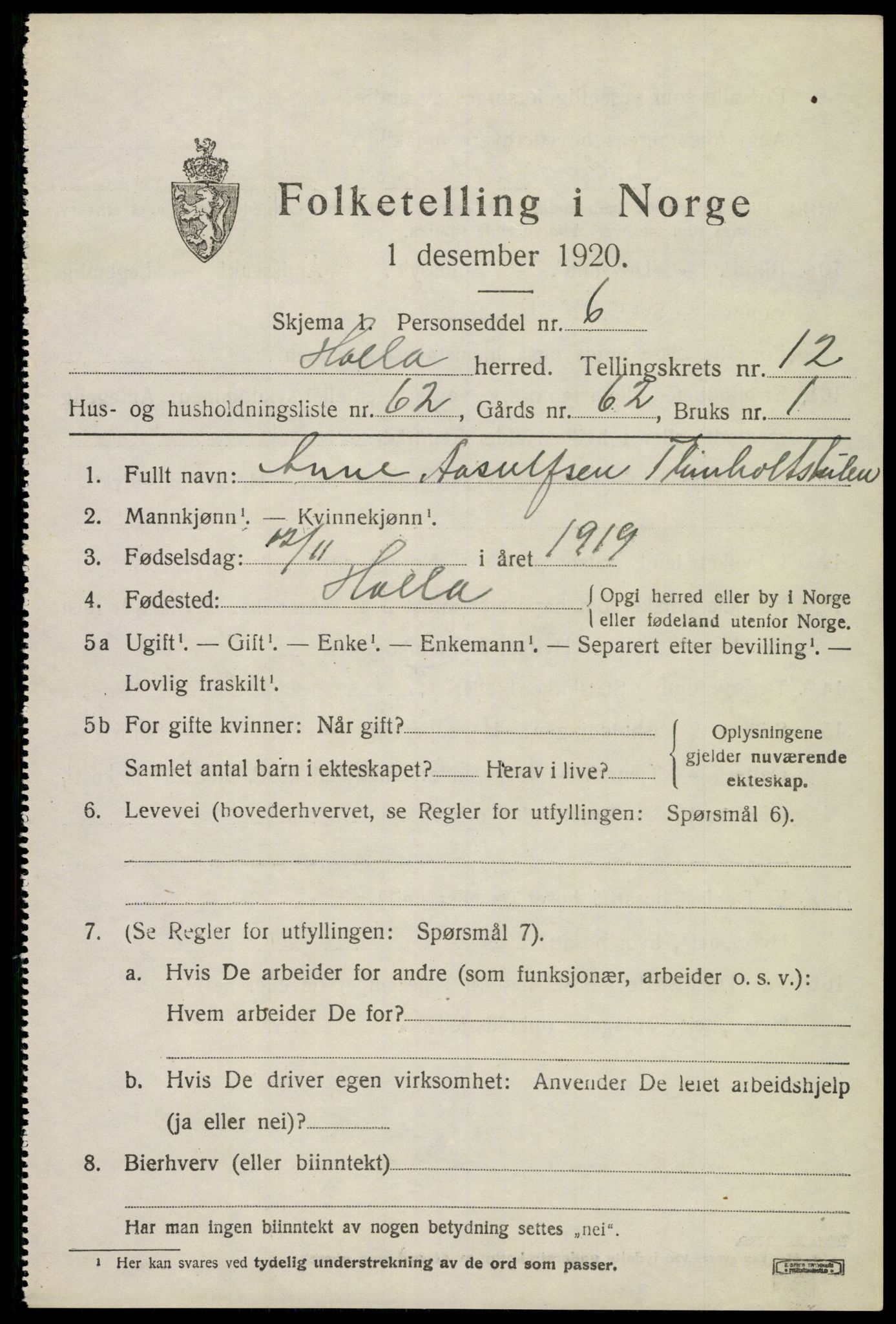 SAKO, 1920 census for Holla, 1920, p. 7937