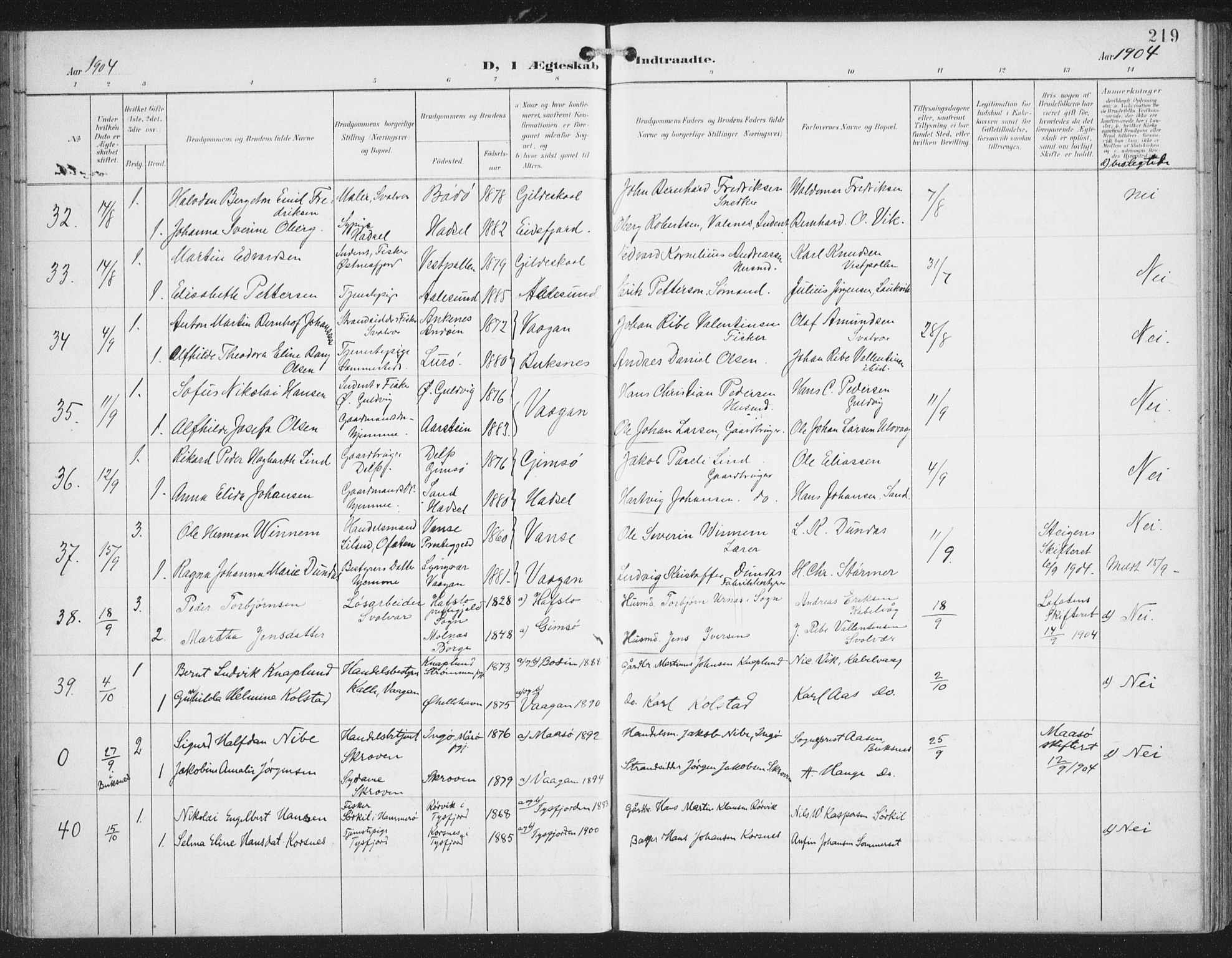 Ministerialprotokoller, klokkerbøker og fødselsregistre - Nordland, SAT/A-1459/874/L1062: Parish register (official) no. 874A06, 1899-1907, p. 219