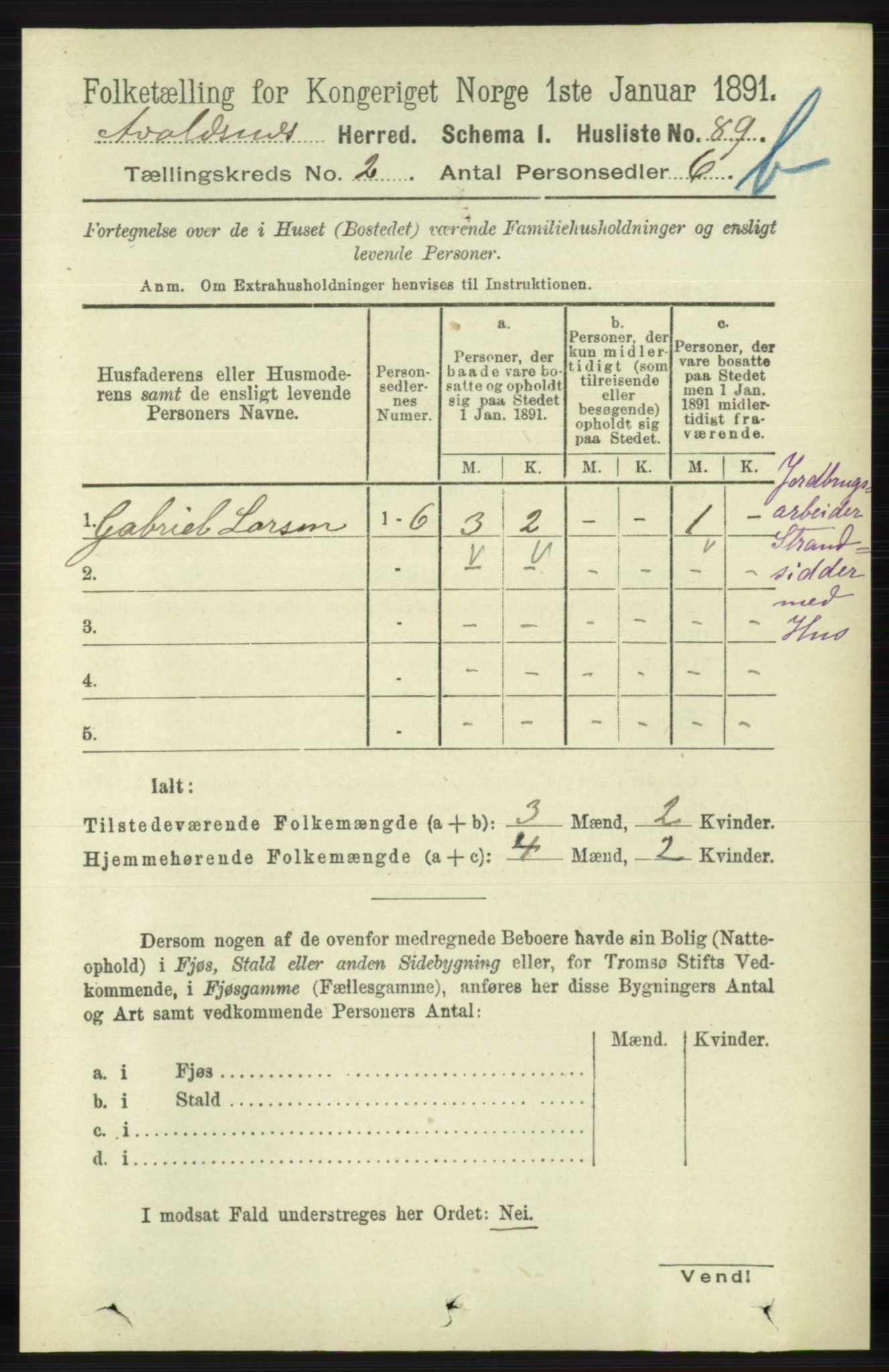 RA, 1891 census for 1147 Avaldsnes, 1891, p. 1978