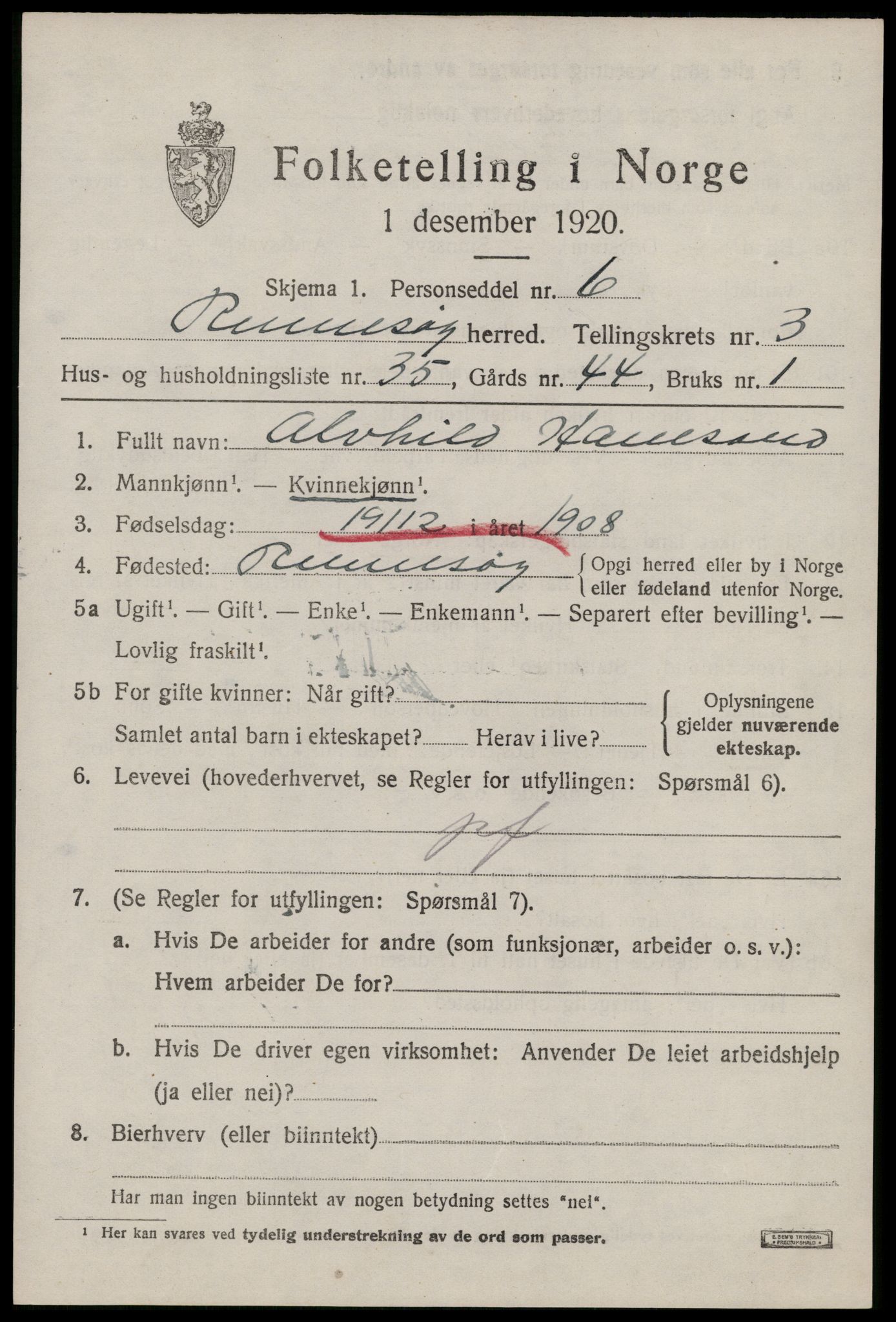 SAST, 1920 census for Rennesøy, 1920, p. 2366