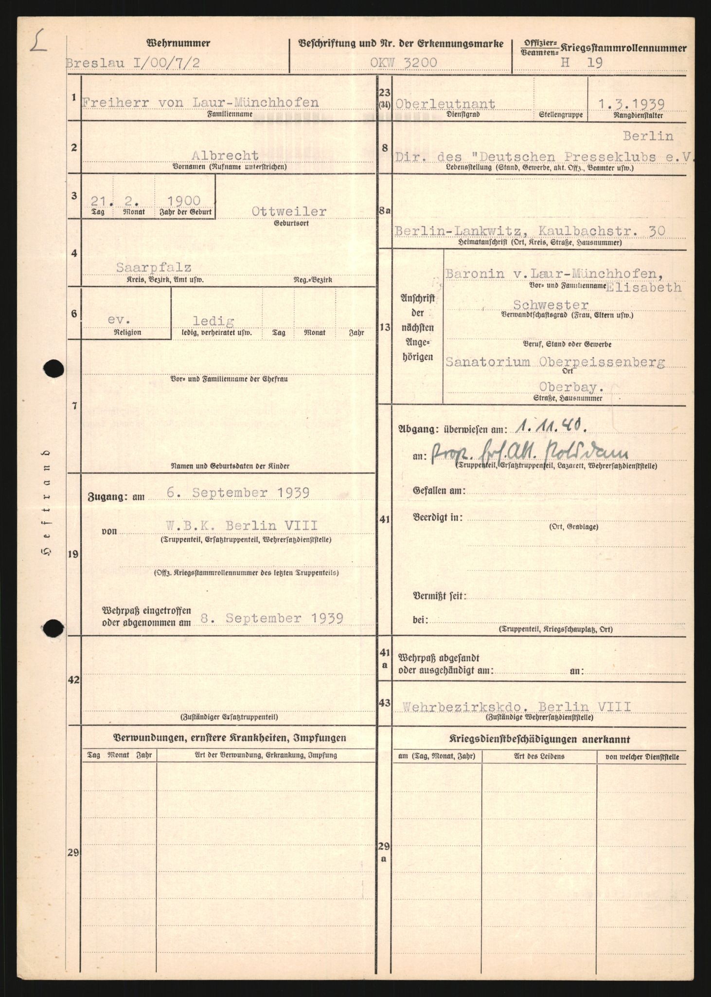 Forsvarets Overkommando. 2 kontor. Arkiv 11.4. Spredte tyske arkivsaker, AV/RA-RAFA-7031/D/Dar/Dara/L0018: Personalbøker, 1940-1945, p. 1009