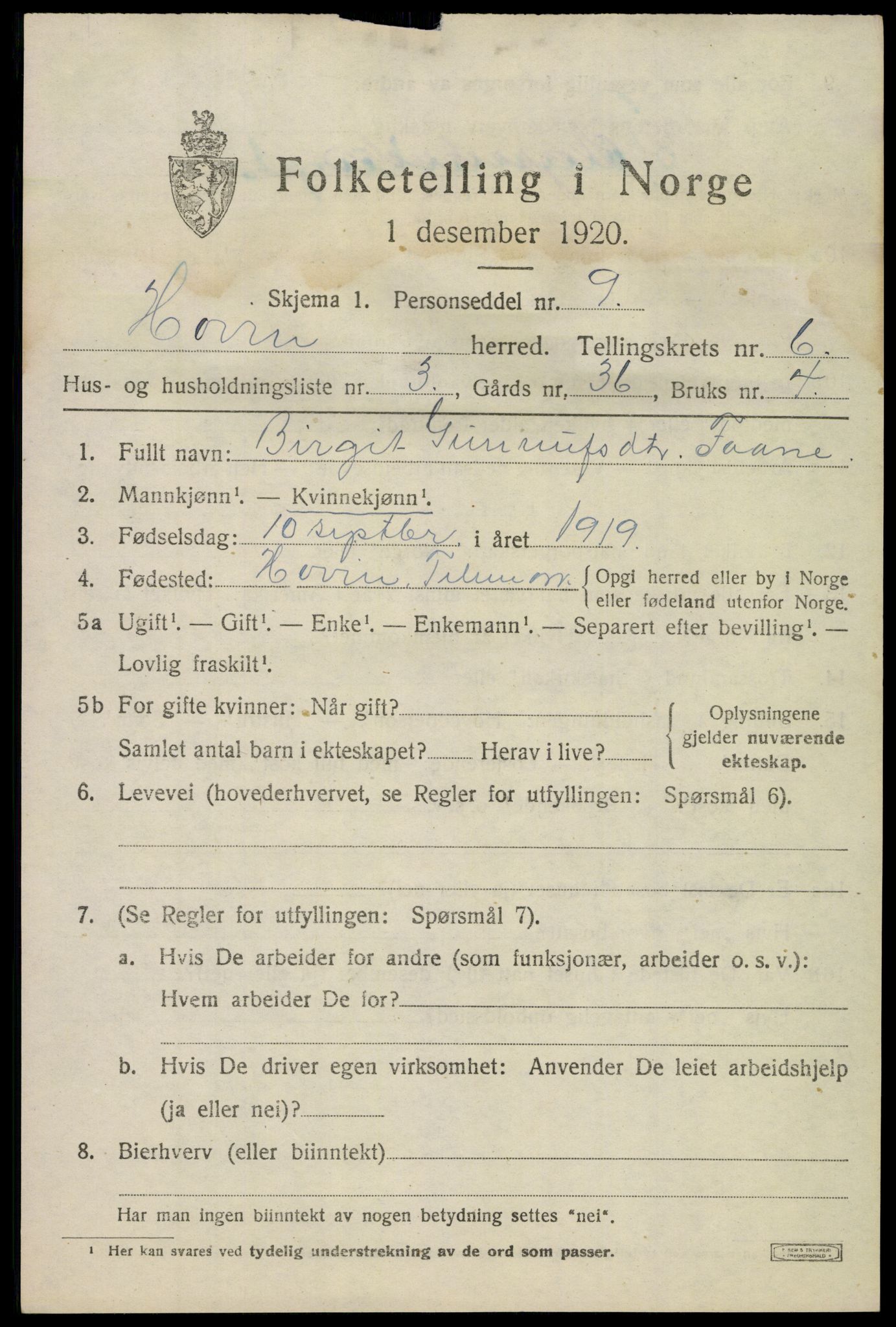SAKO, 1920 census for Hovin, 1920, p. 1471