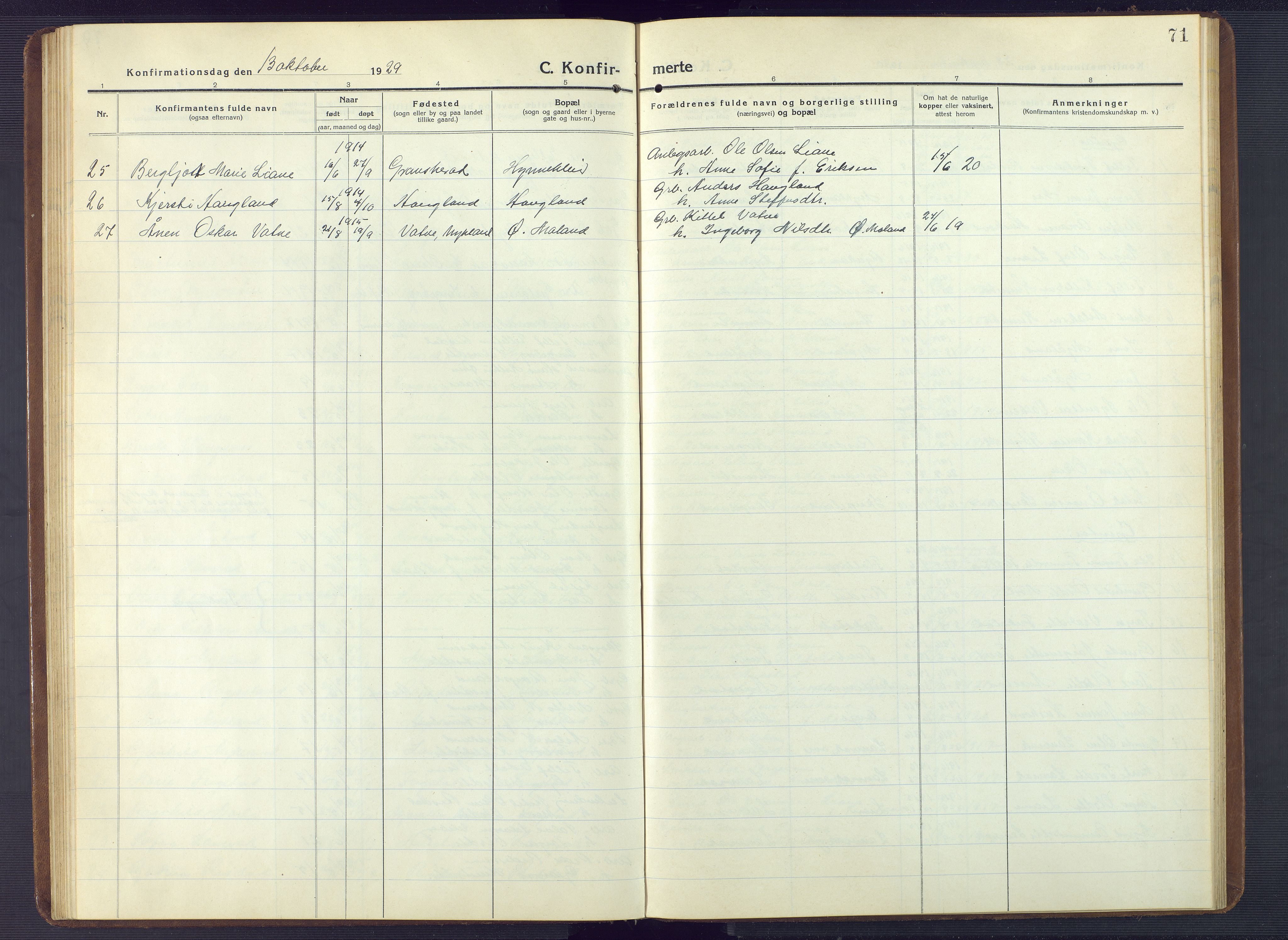 Herefoss sokneprestkontor, AV/SAK-1111-0019/F/Fb/Fbc/L0004: Parish register (copy) no. B 4, 1914-1946, p. 71