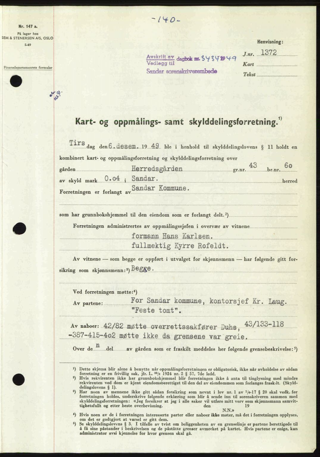 Sandar sorenskriveri, SAKO/A-86/G/Ga/Gaa/L0020: Mortgage book no. A-20, 1949-1950, Diary no: : 3434/1949