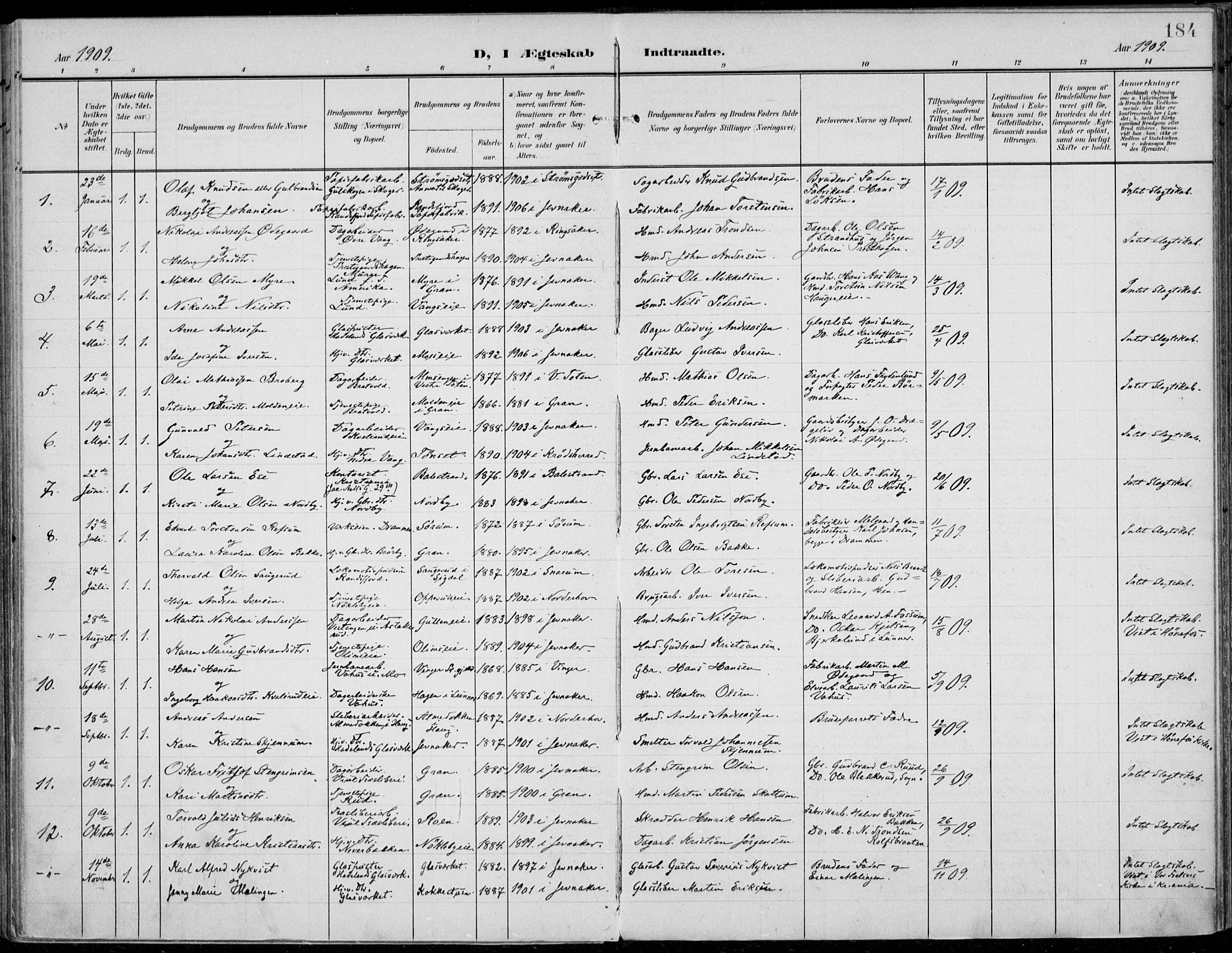 Jevnaker prestekontor, SAH/PREST-116/H/Ha/Haa/L0011: Parish register (official) no. 11, 1902-1913, p. 184