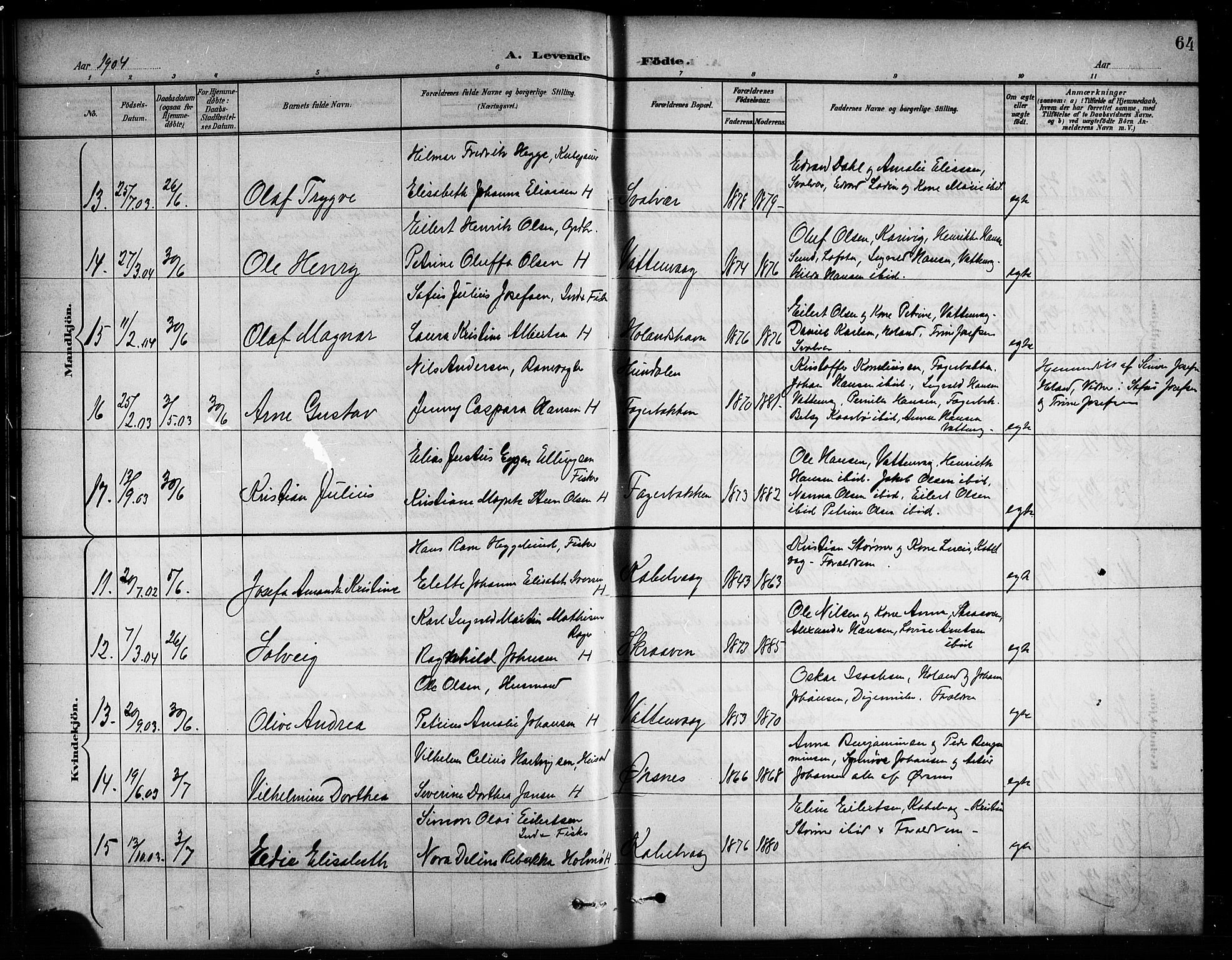 Ministerialprotokoller, klokkerbøker og fødselsregistre - Nordland, AV/SAT-A-1459/874/L1078: Parish register (copy) no. 874C07, 1900-1907, p. 64