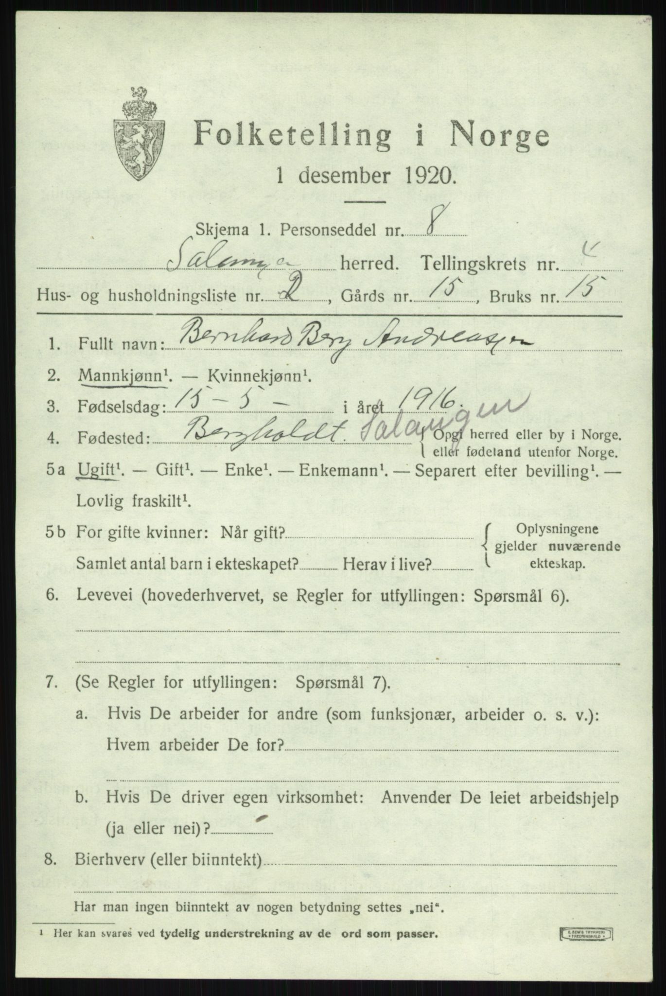 SATØ, 1920 census for Salangen, 1920, p. 2300