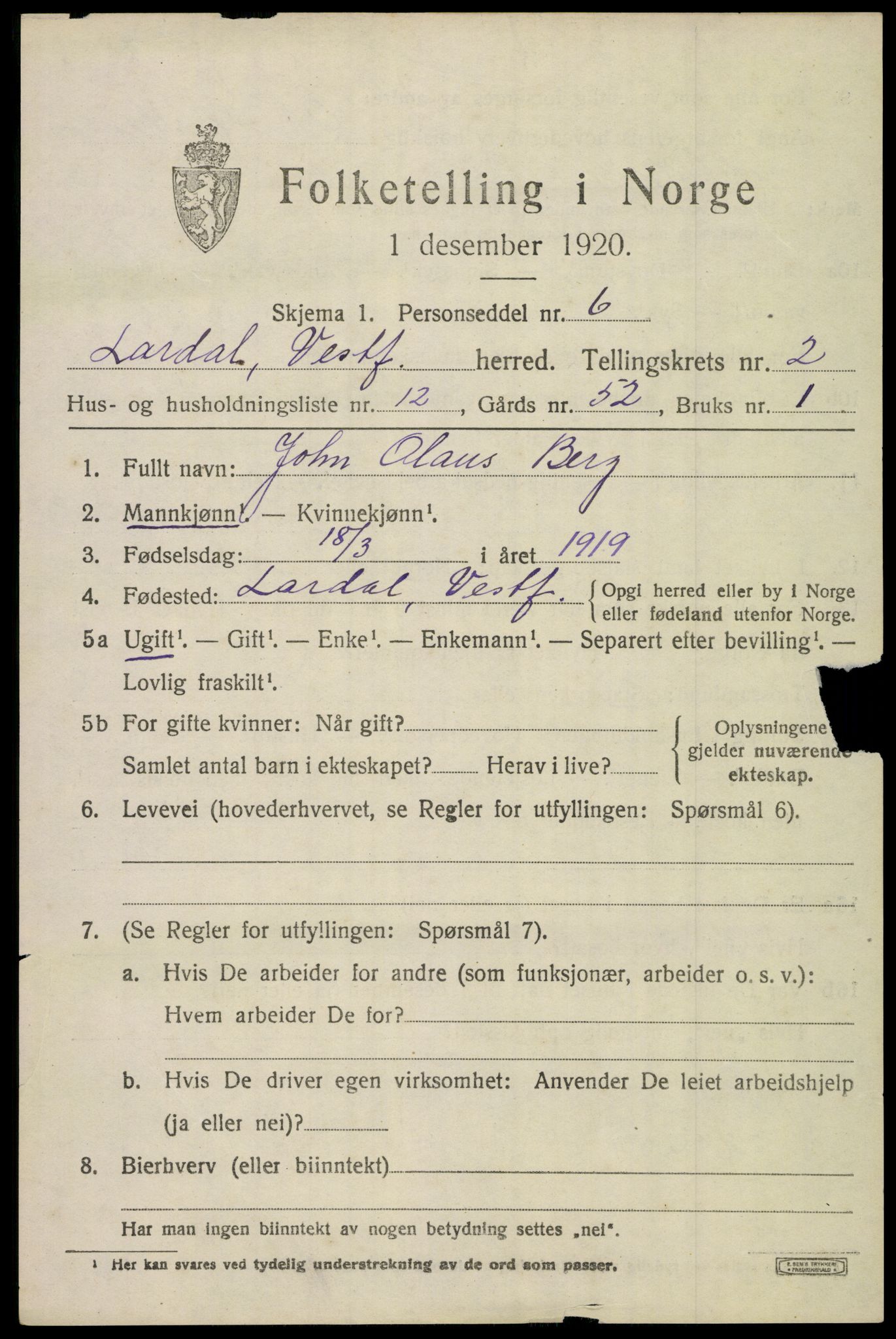 SAKO, 1920 census for Lardal, 1920, p. 2119