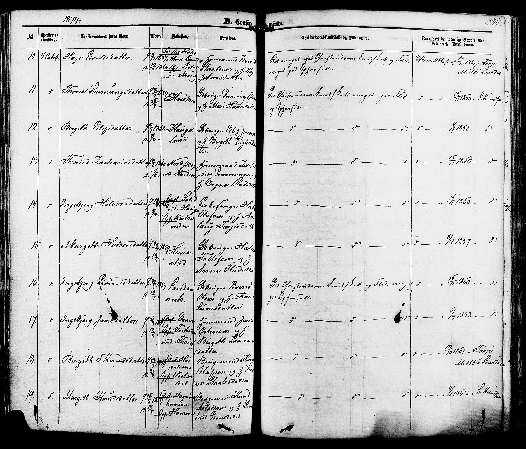 Kviteseid kirkebøker, AV/SAKO-A-276/F/Fa/L0007: Parish register (official) no. I 7, 1859-1881, p. 336