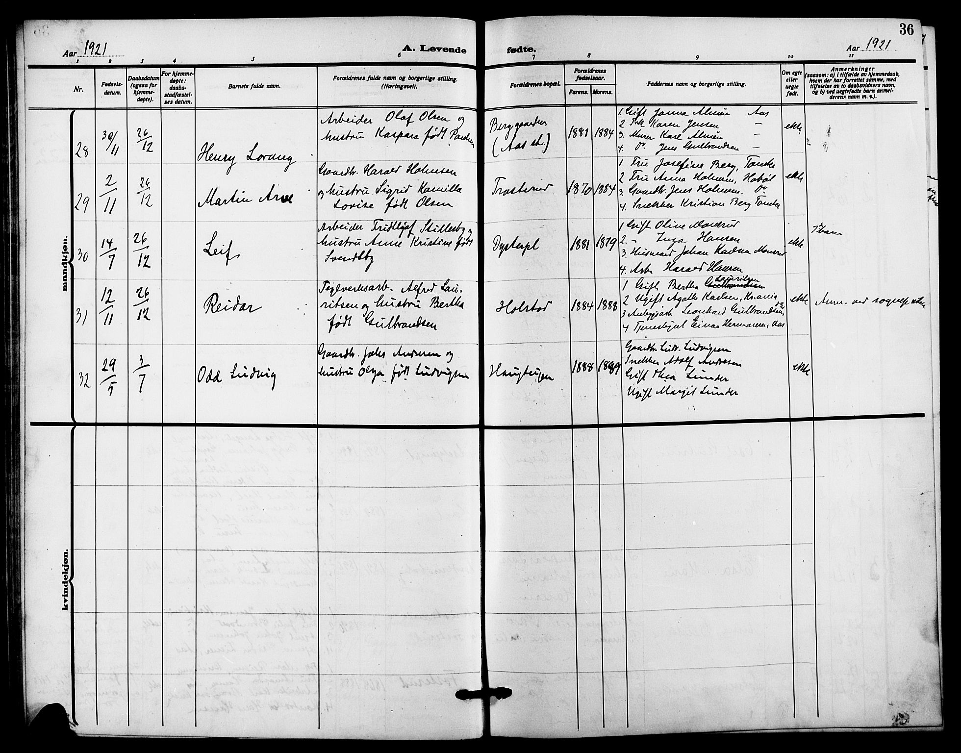 Ås prestekontor Kirkebøker, AV/SAO-A-10894/G/Ga/L0005: Parish register (copy) no. I 5, 1916-1924, p. 36