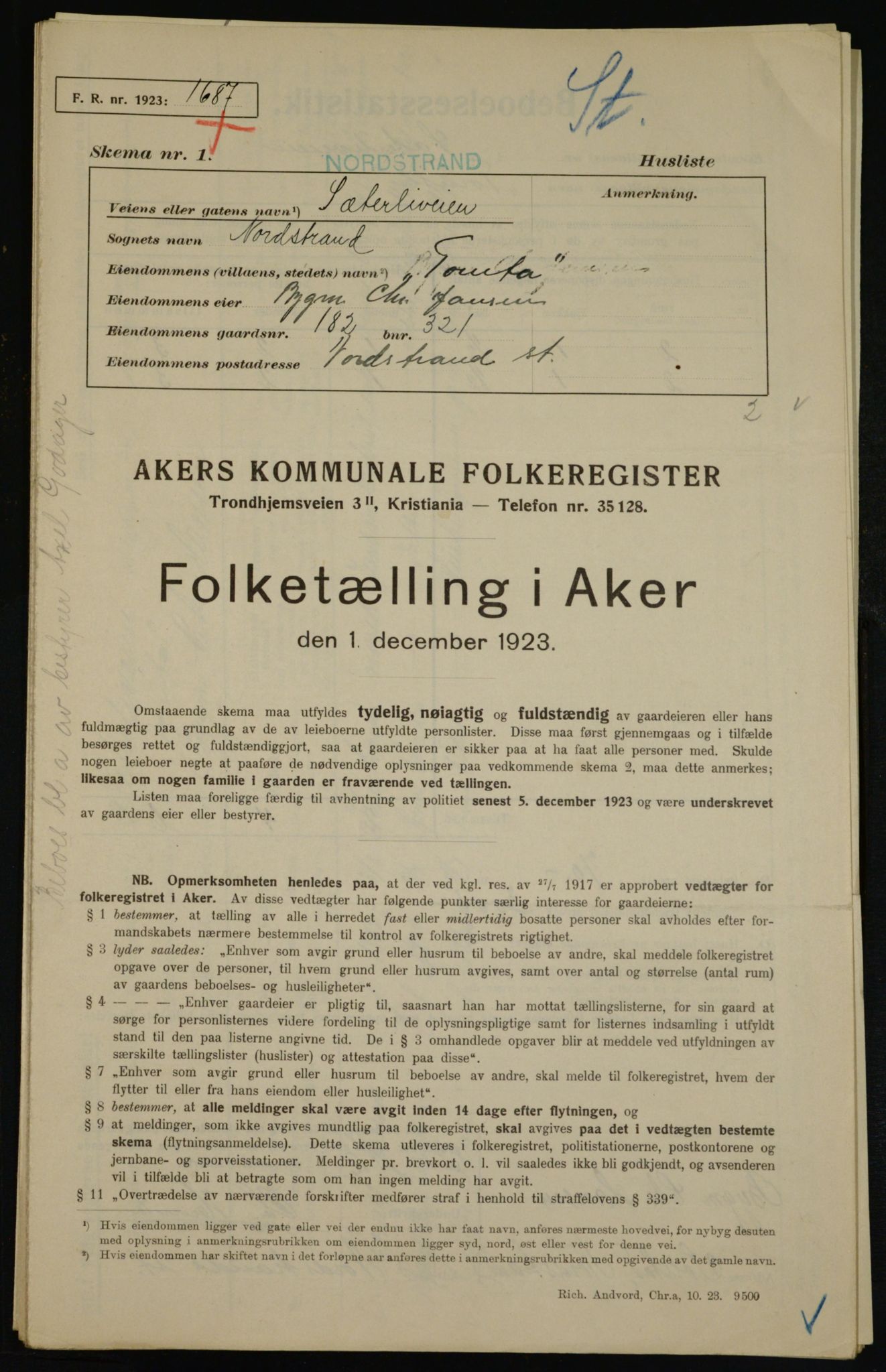 , Municipal Census 1923 for Aker, 1923, p. 46237