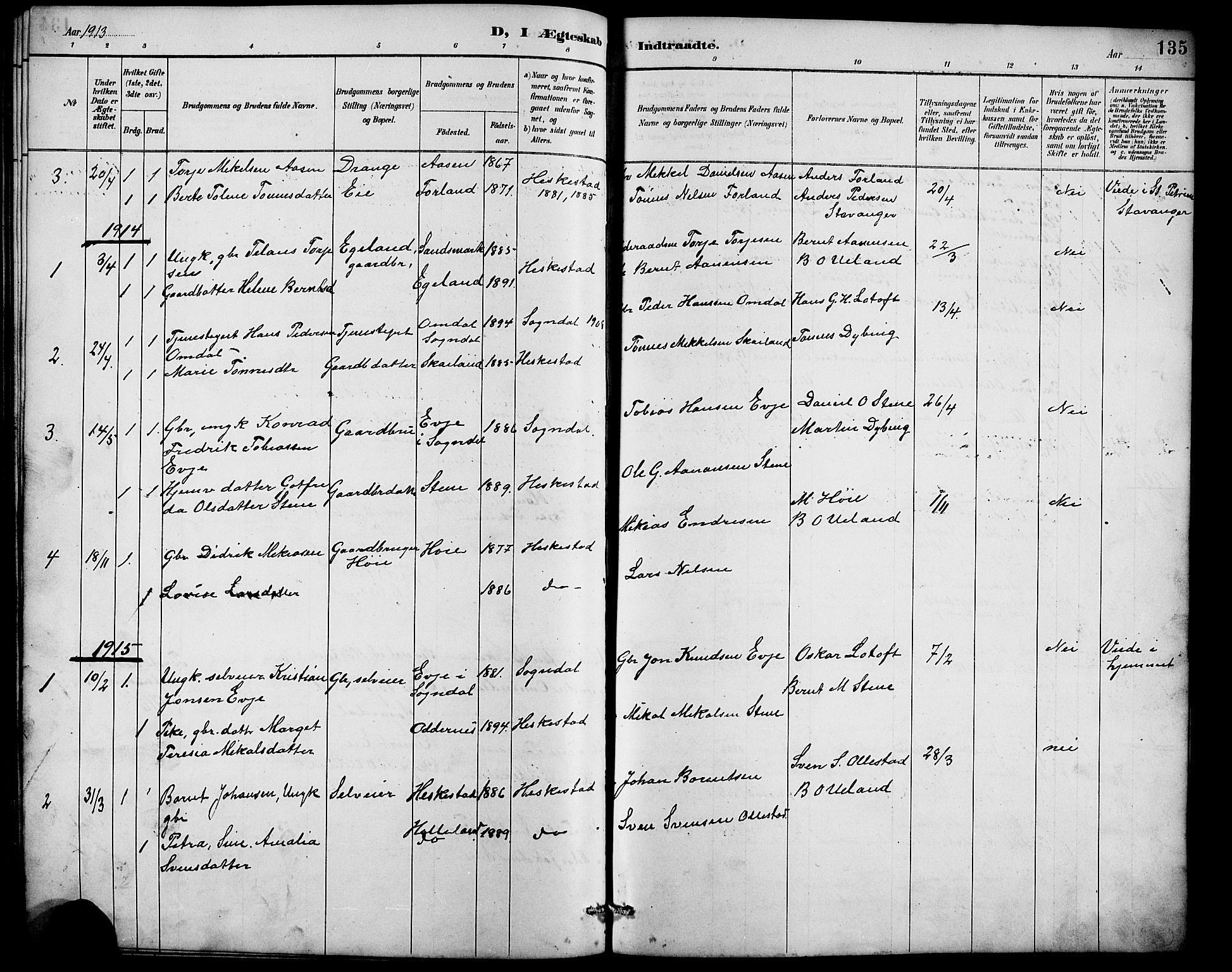 Lund sokneprestkontor, AV/SAST-A-101809/S07/L0007: Parish register (copy) no. B 7, 1890-1925, p. 135