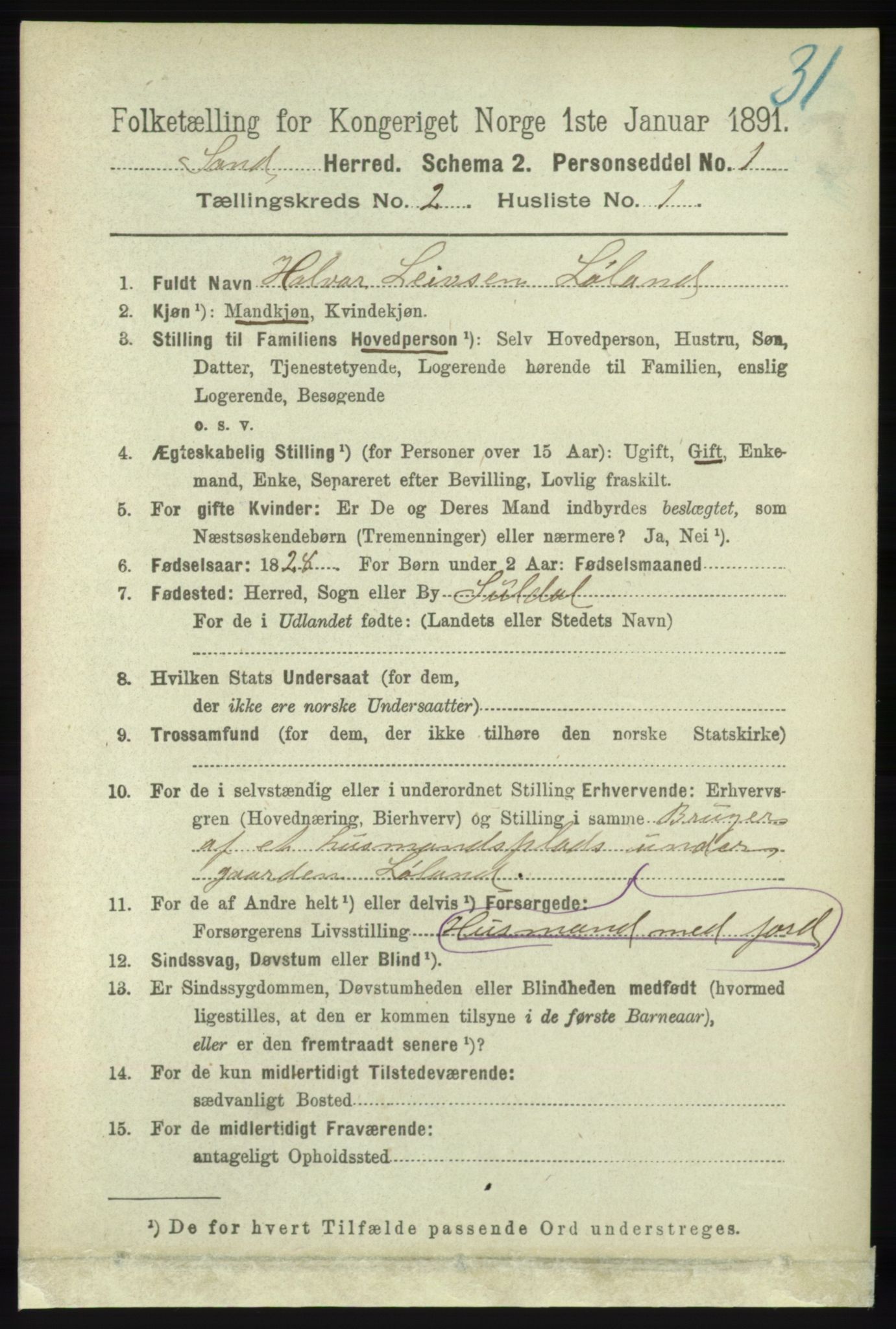 RA, 1891 census for 1136 Sand, 1891, p. 338