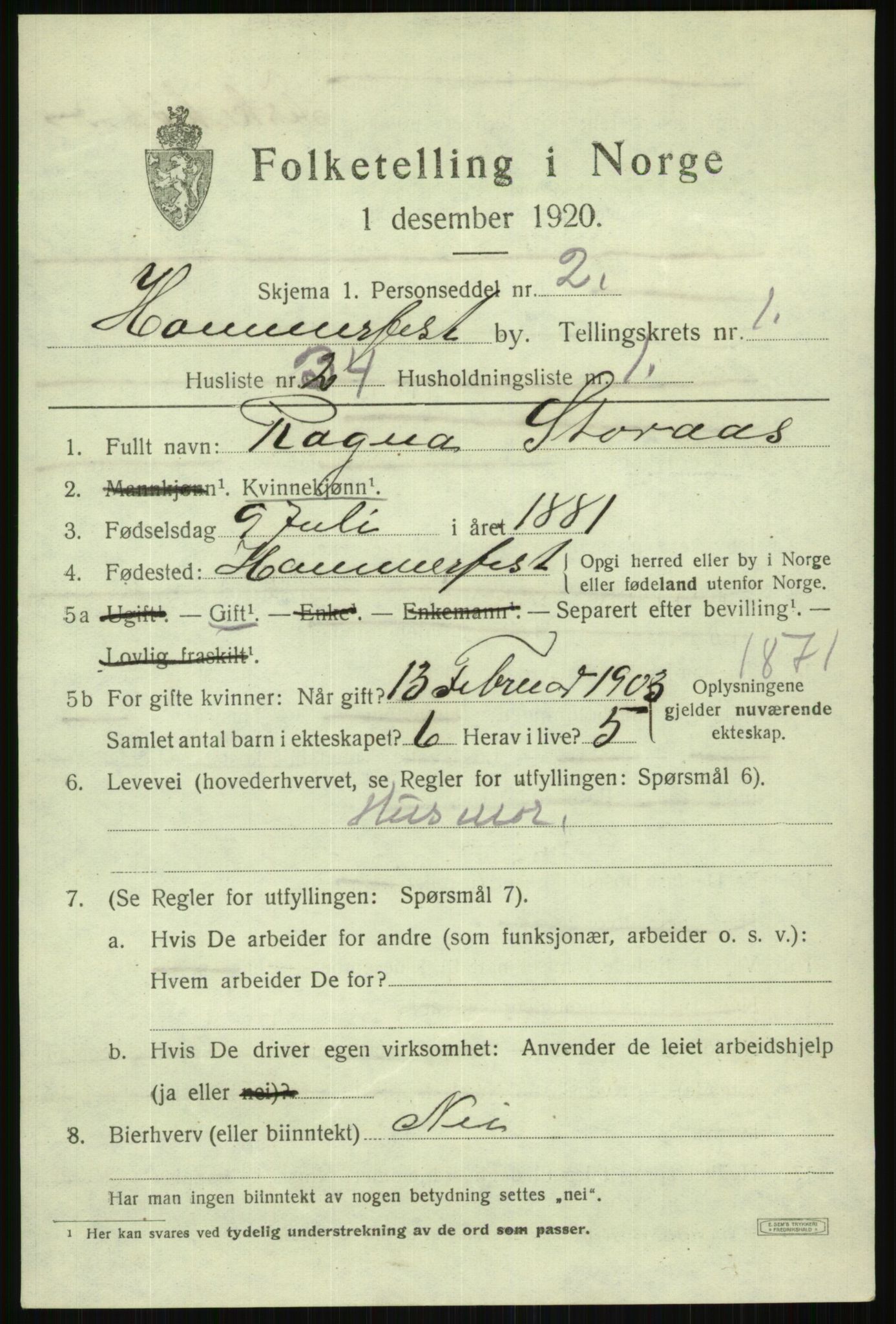 SATØ, 1920 census for Hammerfest, 1920, p. 3026