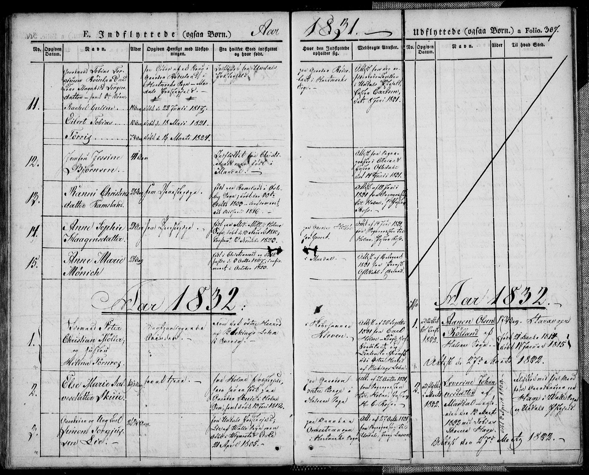 Mandal sokneprestkontor, SAK/1111-0030/F/Fa/Faa/L0011: Parish register (official) no. A 11, 1830-1839, p. 307