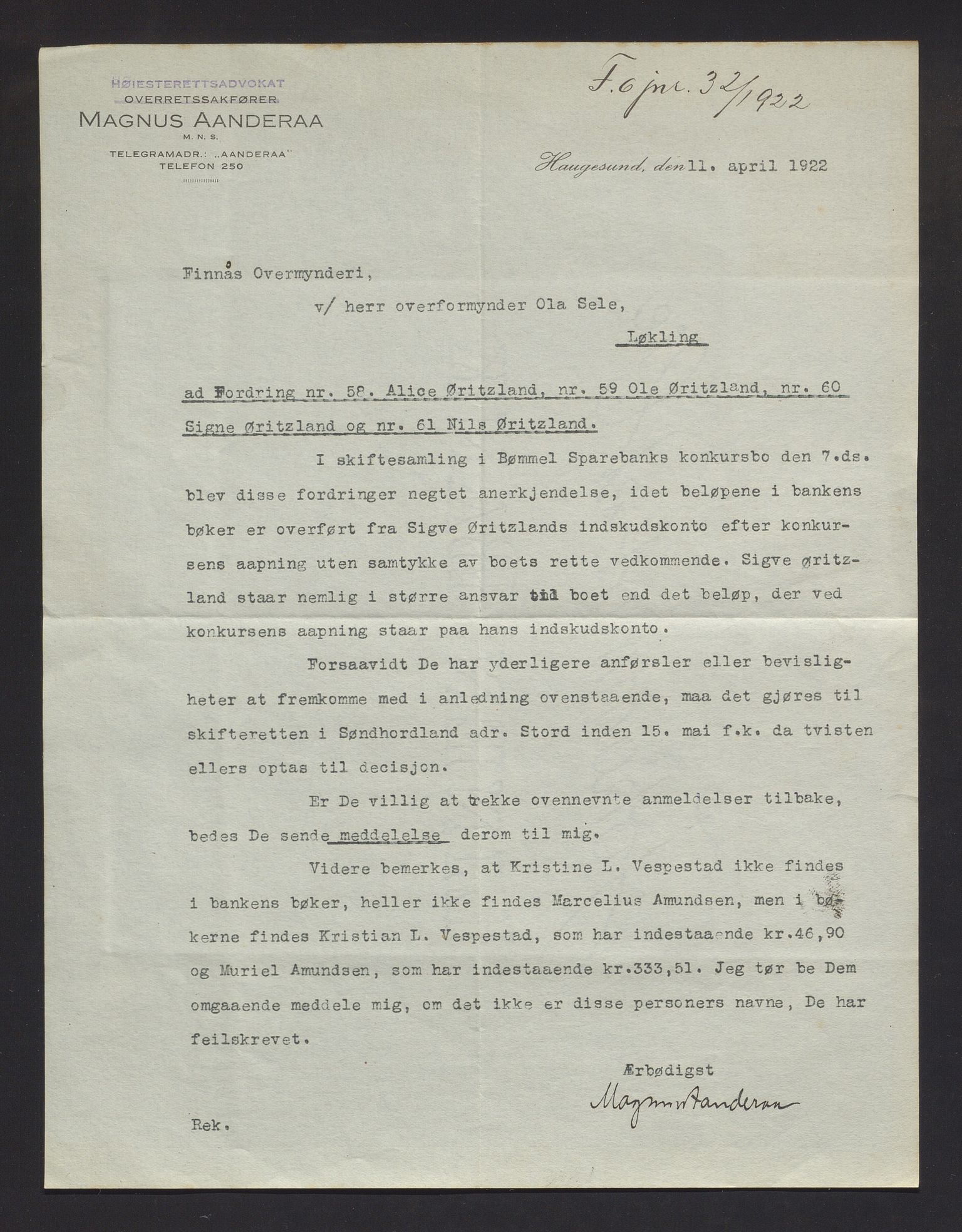 Finnaas kommune. Overformynderiet, IKAH/1218a-812/D/Da/Daa/L0003/0003: Kronologisk ordna korrespondanse / Kronologisk ordna korrespondanse, 1920-1921