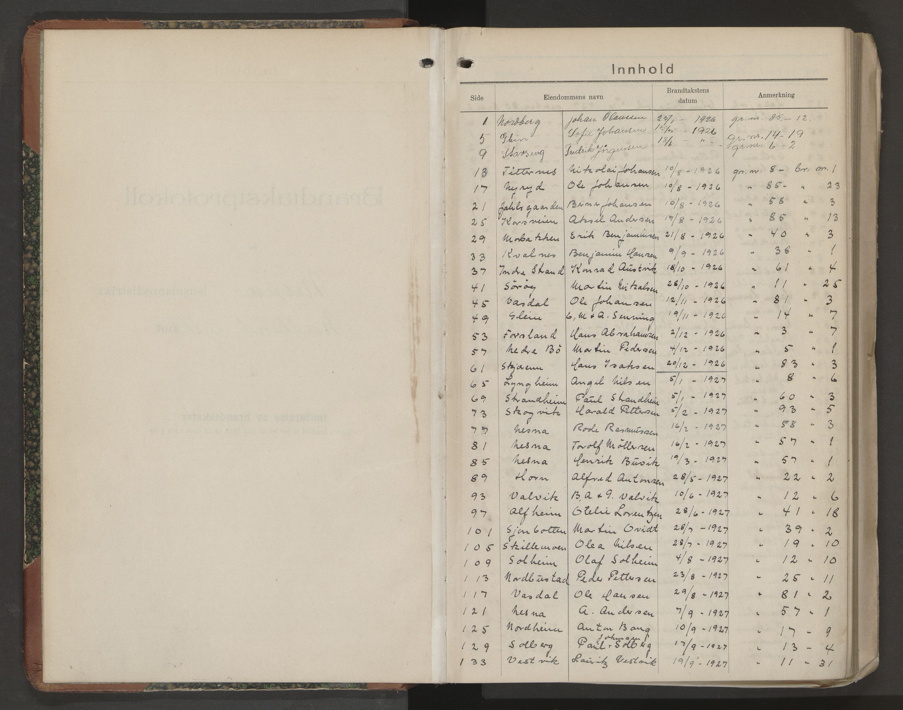 Norges Brannkasse Nesna, AV/SAT-A-5575/Fb/L0007: Branntakstprotokoll, 1926-1930