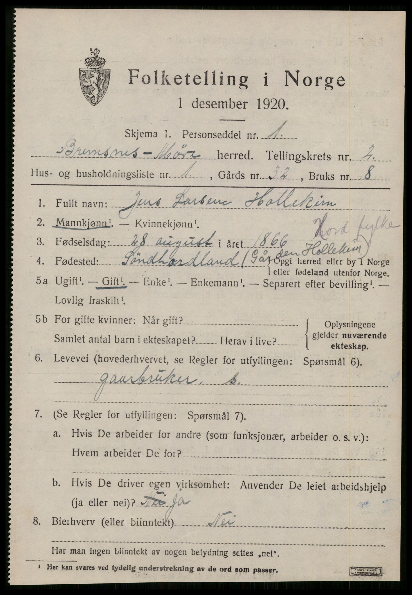 SAT, 1920 census for Bremsnes, 1920, p. 2979