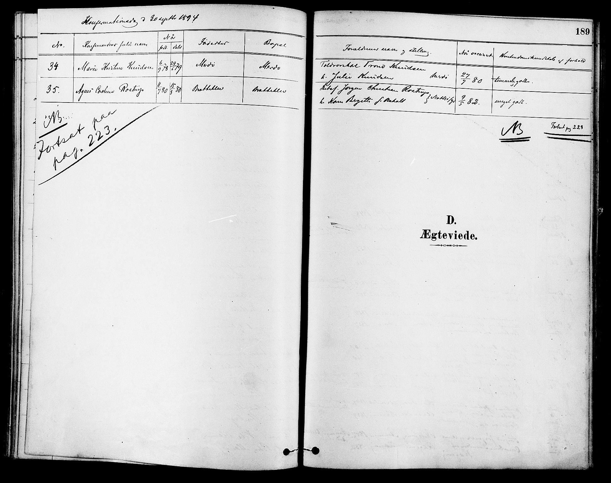 Tromøy sokneprestkontor, SAK/1111-0041/F/Fa/L0009: Parish register (official) no. A 9, 1878-1896, p. 189