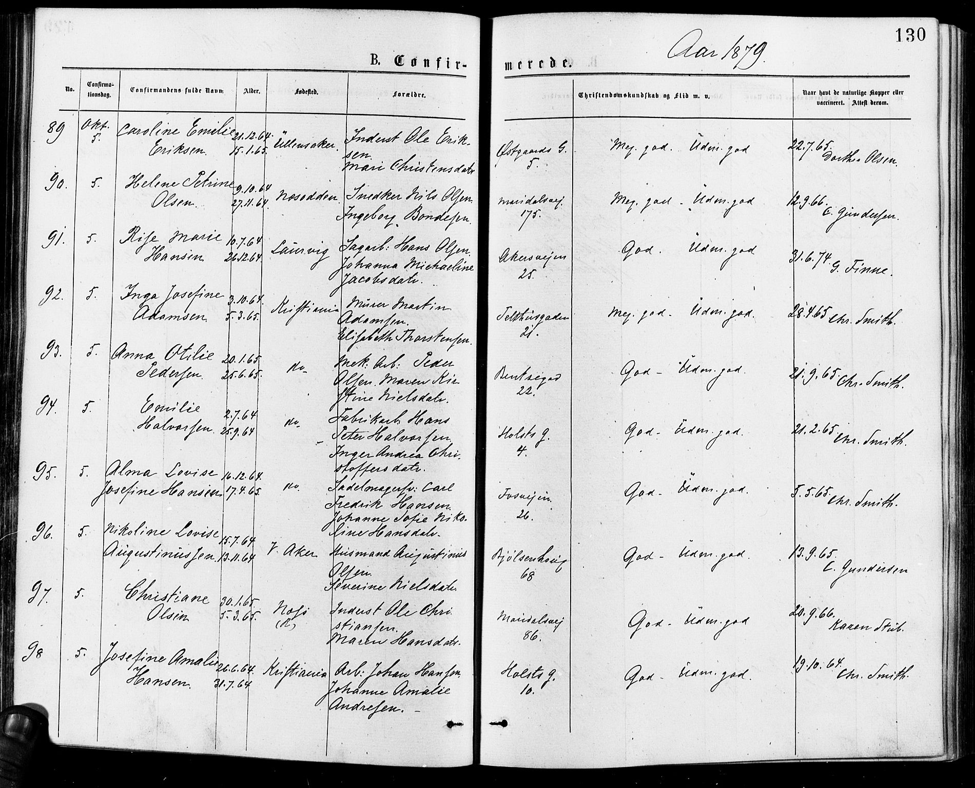 Gamle Aker prestekontor Kirkebøker, AV/SAO-A-10617a/F/L0005: Parish register (official) no. 5, 1873-1881, p. 130